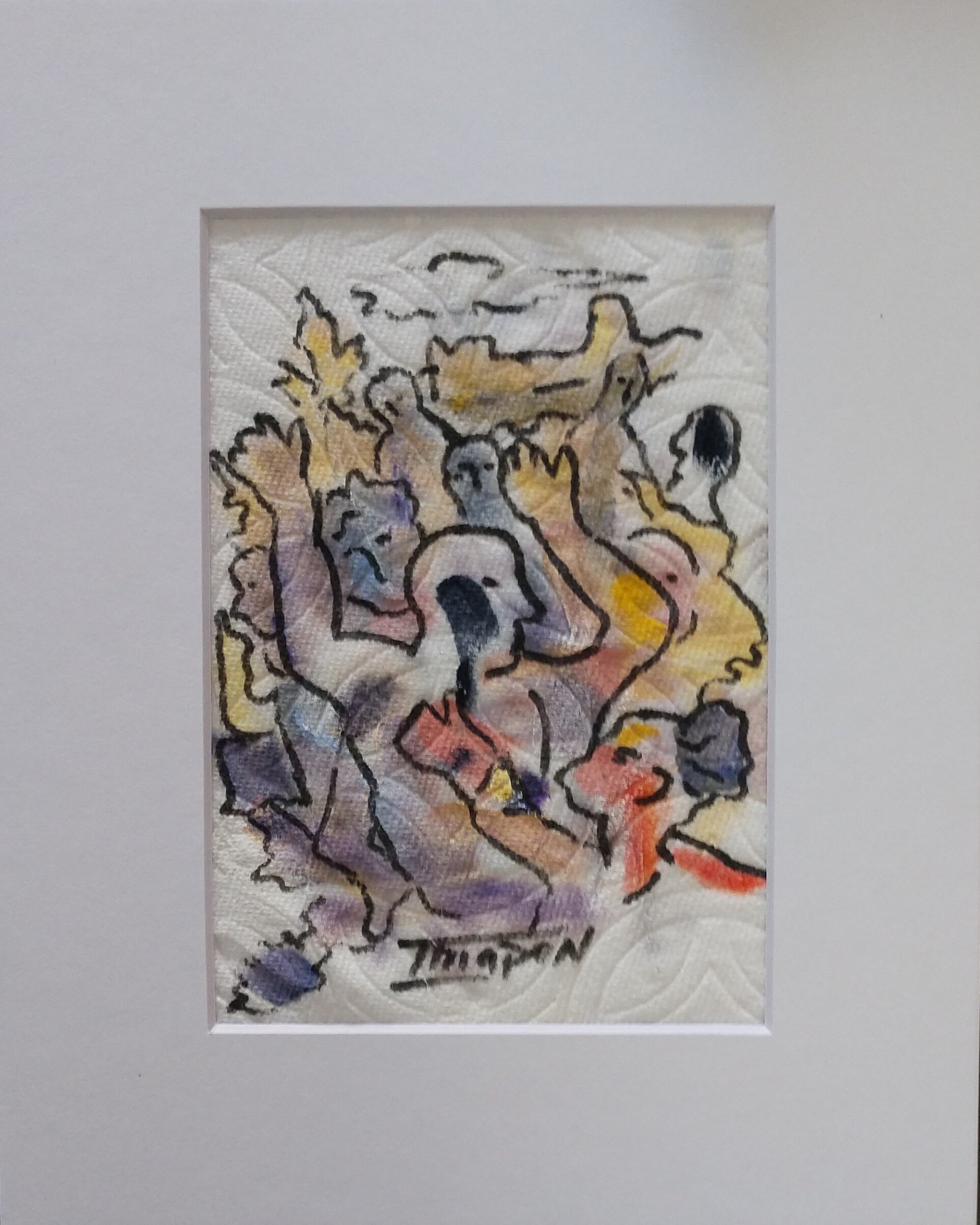  oil and marker on pape   5 x 7 inches image opening, mat frame 8 x 10 inches  $100.00 USD   (shipping available to USA, $15: shipping, handling, insurance; payments: cash and Paypal)  