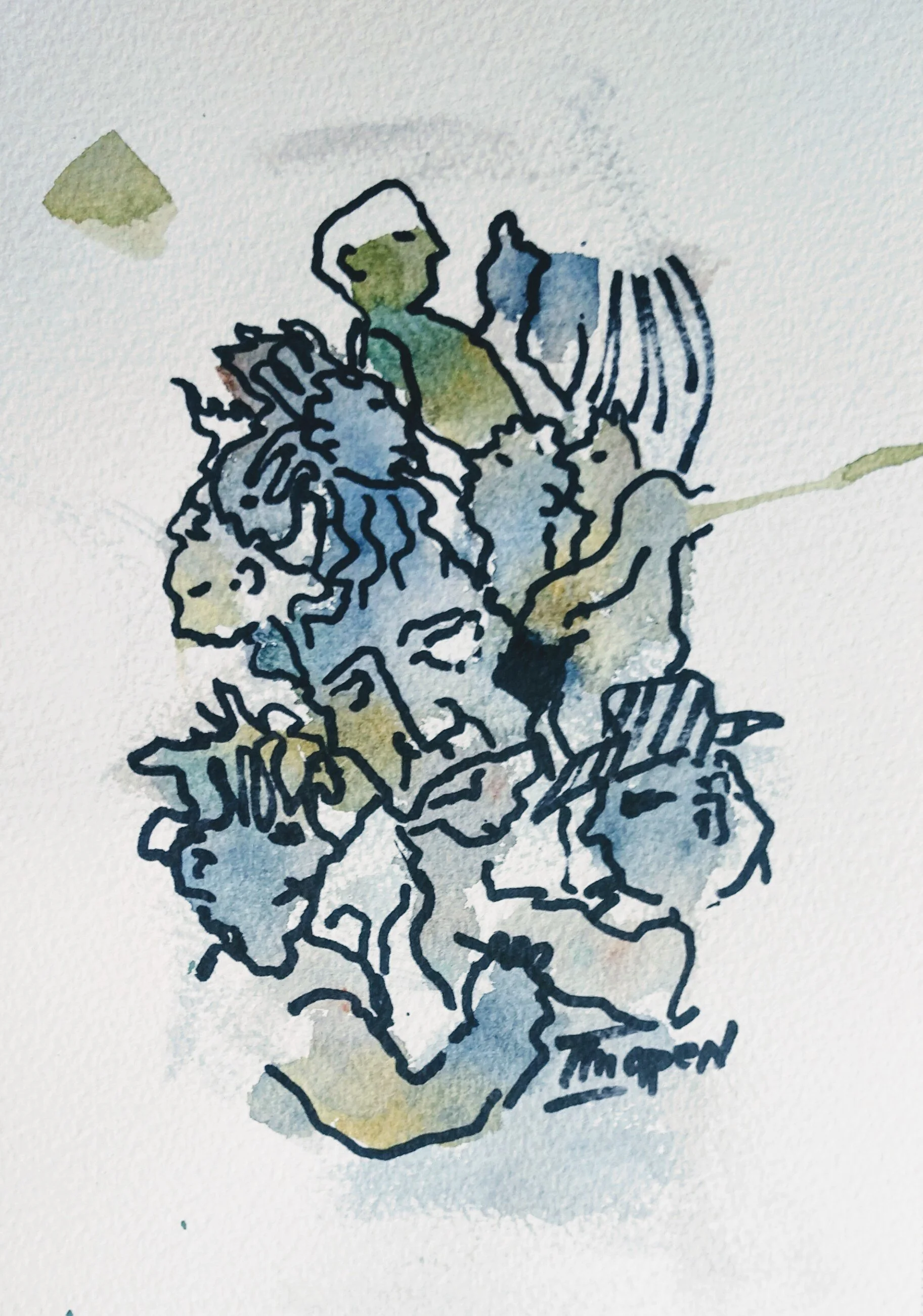 Acrylic and marker on 140 lb paper 5 x 7 inches image opening, mat frame 8 x 10 inches $100.00 USD (shipping available to USA, $15: shipping, handling, insurance; payments: cash and Paypal)