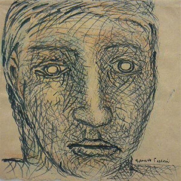   Eduardo Paolozzi   Head of a Man  Pen (black felt?) and crayon (coloured) on paper 1983 22 x 22.3 cm 