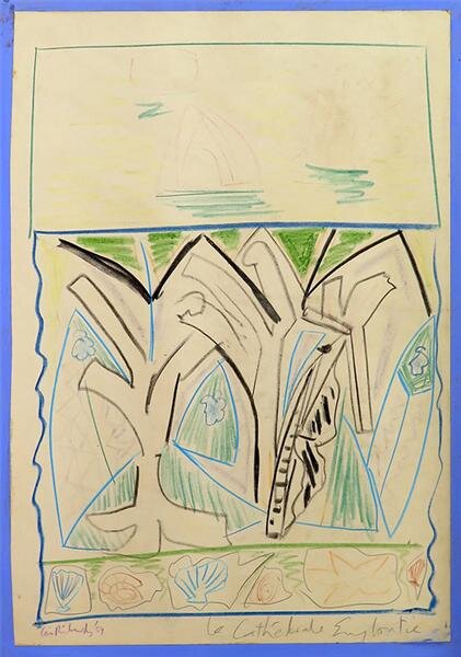   Ceri Richards   La Cathedrale Engloutie  Pencil and crayon drawing 1959 50.4 x 34.1 cm 