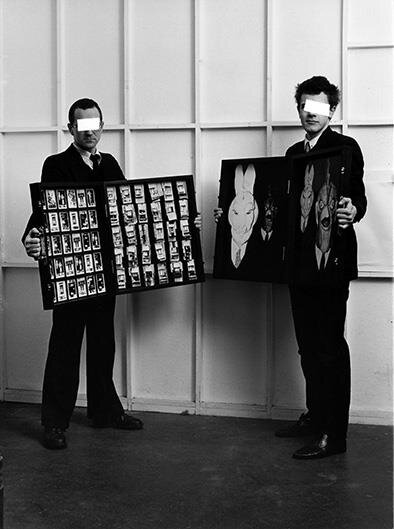   John Bowman    Chicken-Rabbit: Performance, Norwich to Rouen, December 1983    Photomontage in two black stained wooden cases with attache fastenings   1984   57.5 x 104.7 x 4.6 cm Joint work with Simon Poulter 