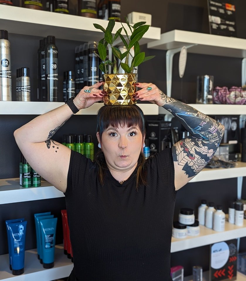 Just zen with her ZZ 🌱 Happy work-iversary to Mazey! Here's to 11 years of working with this cool chick😎🥳✂️