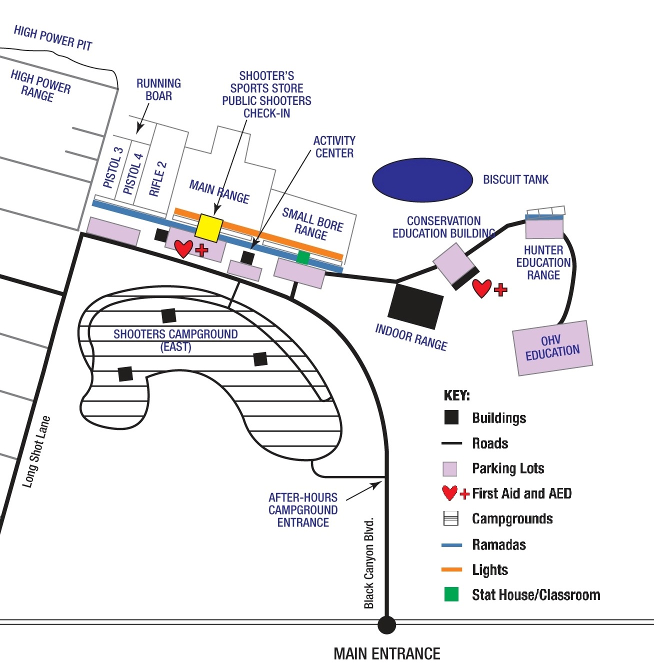 To get to BASF from downtown Phoenix, take I-17 north of Phoenix toward Anthem. Exit at the Carefree Highway/SR-74 (Exit 223B). Head WEST on Carefree Highway. Take the first right into the BASF. Continue along this road until you see the turn out for the Small Bore Range. Turn right. Then, turn right again and continue through the parking lot. At the end, you will see that a small road continues. Take this road. You will see a large warehouse type building which is the indoor archery and airgun range. This is where campers will be gathering for check-in and pick-up each day. There will be signs out to help navigate you to the location!