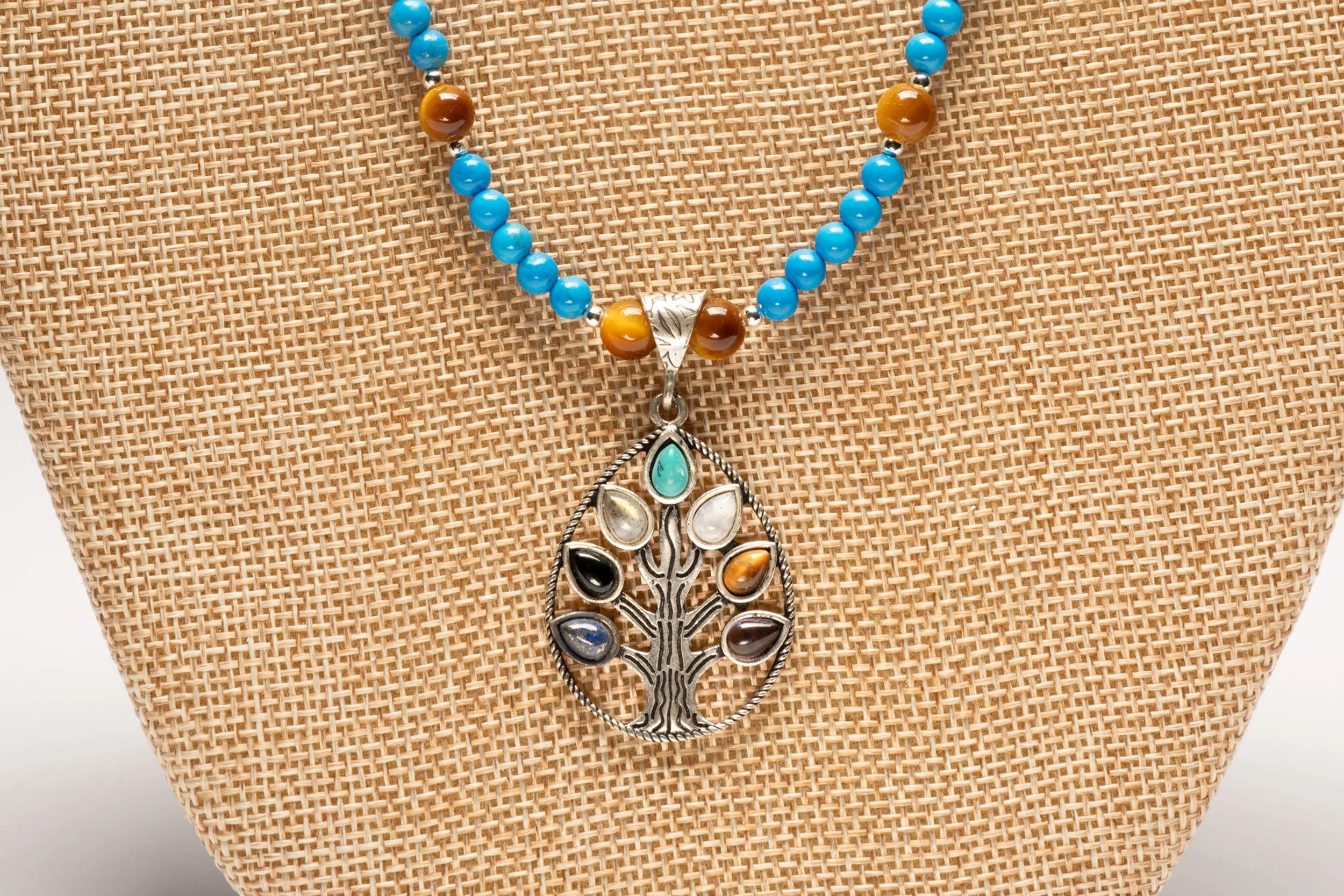 Turquoise Howlite Necklace with Tiger Eye beads with a Tree of Life Pendant