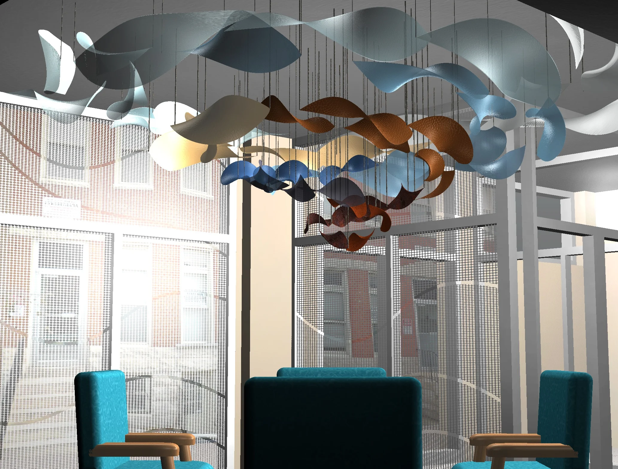 Two spirals — one steel, aluminum, and copper, the other blue-dyed silk and rayon — spin out from the center of the room, suspended by steel wire.