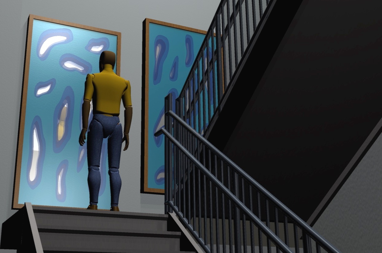 The team generated several proposals and accompanying renderings. One favorite, which was not constructed, is this silk-shrouded mirror in a stairwell used by aggressors on their way to a rehabilitation program.