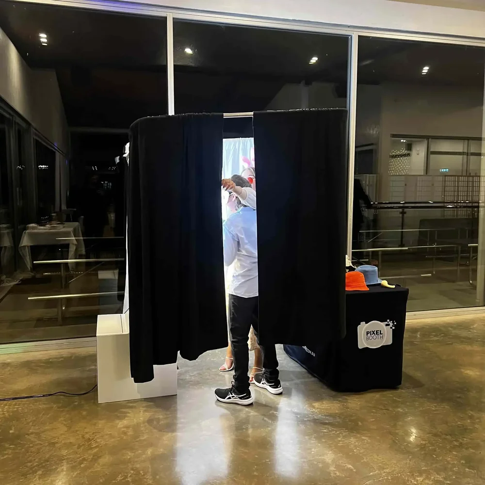 Curtain-style enclosed photo booth rental in Dandenong for weddings and private events