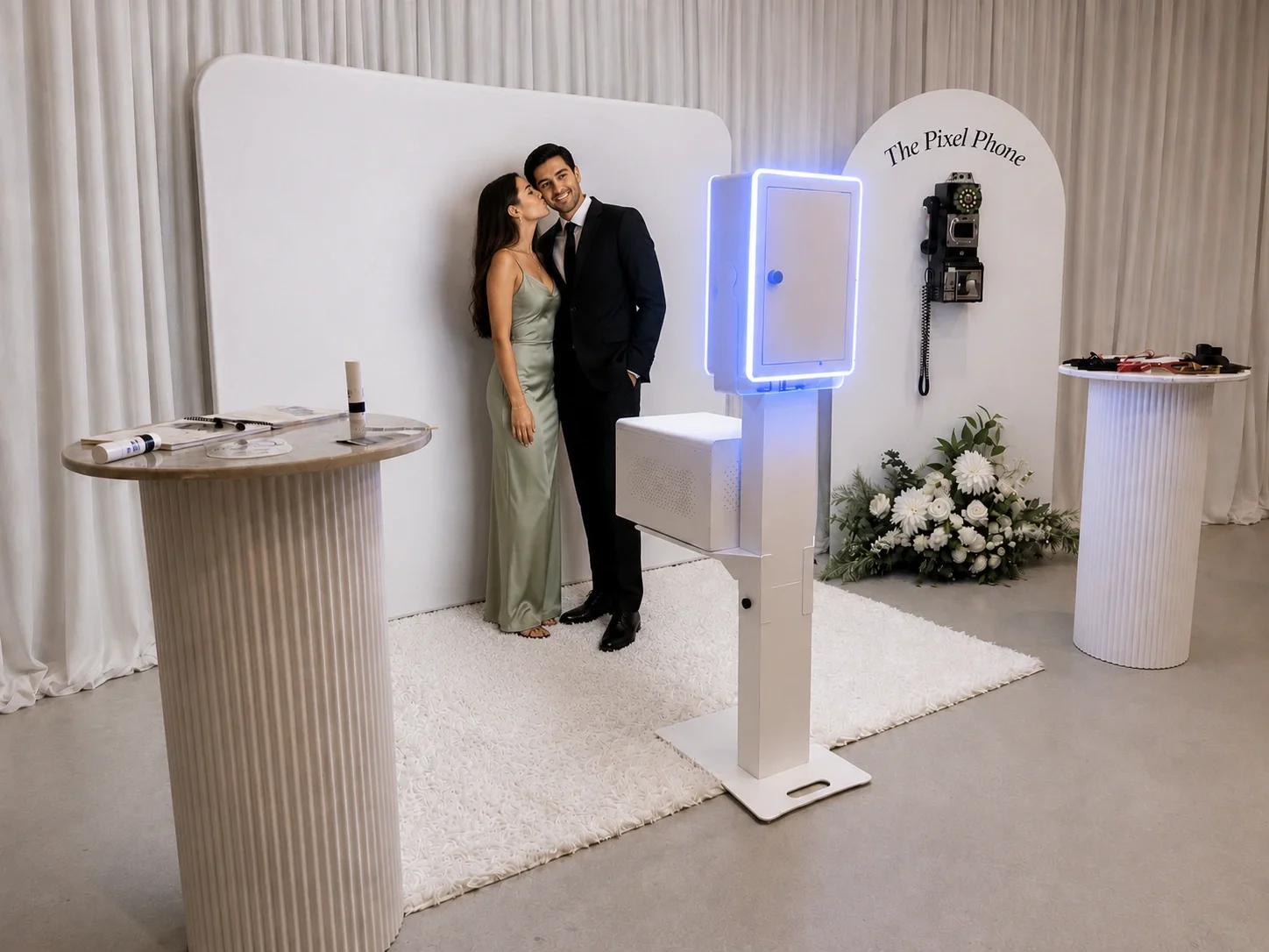 Open-air wedding photo booth hire at a Melbourne reception with printed photo strips