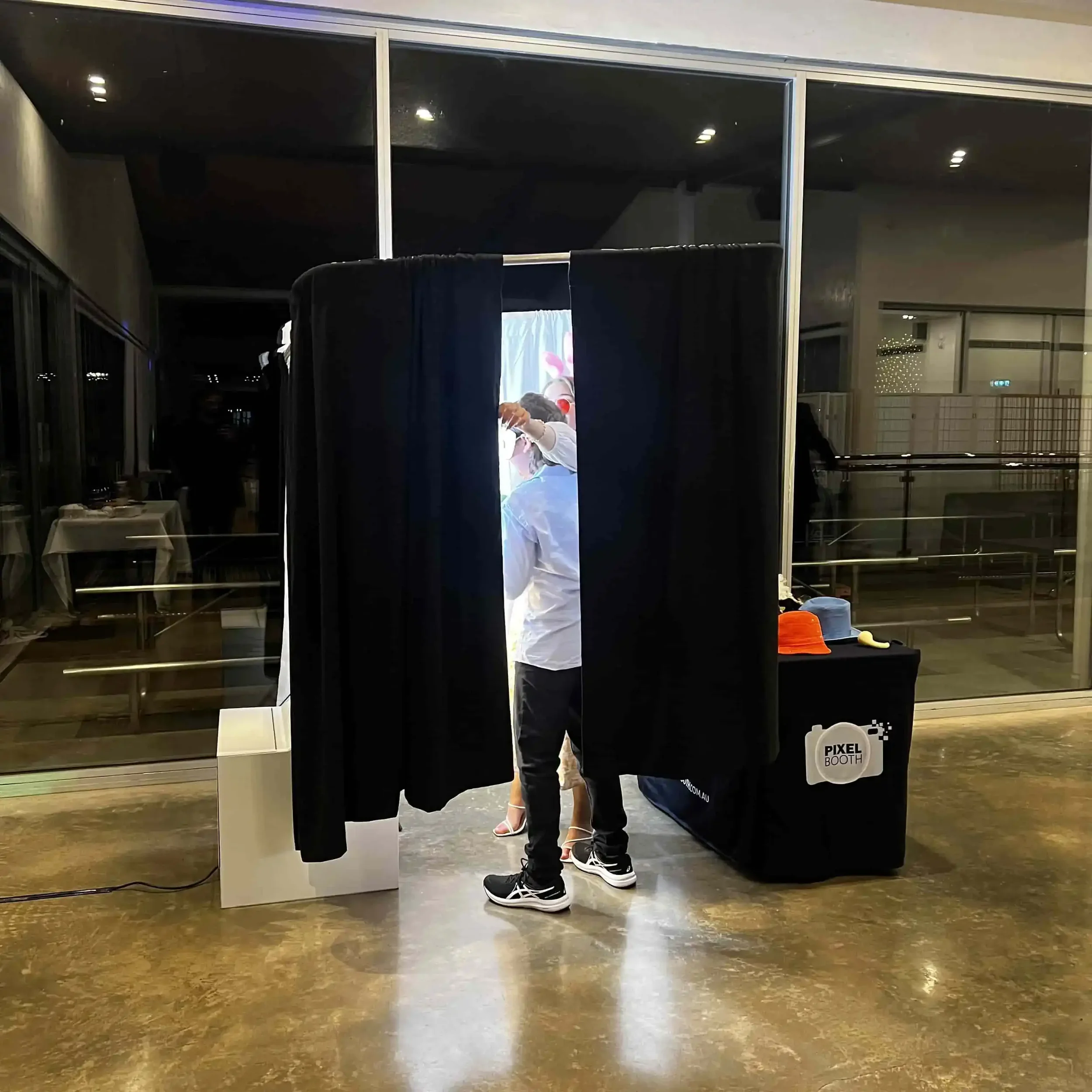 Pixel Booth enclosed photo booth with curtain privacy — perfect for intimate Frankston parties and Melbourne event venues.