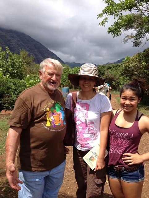 Office manager Chikako & Karina with Hoa Aina O Makaha's founder Father Luigi (Gigi). 