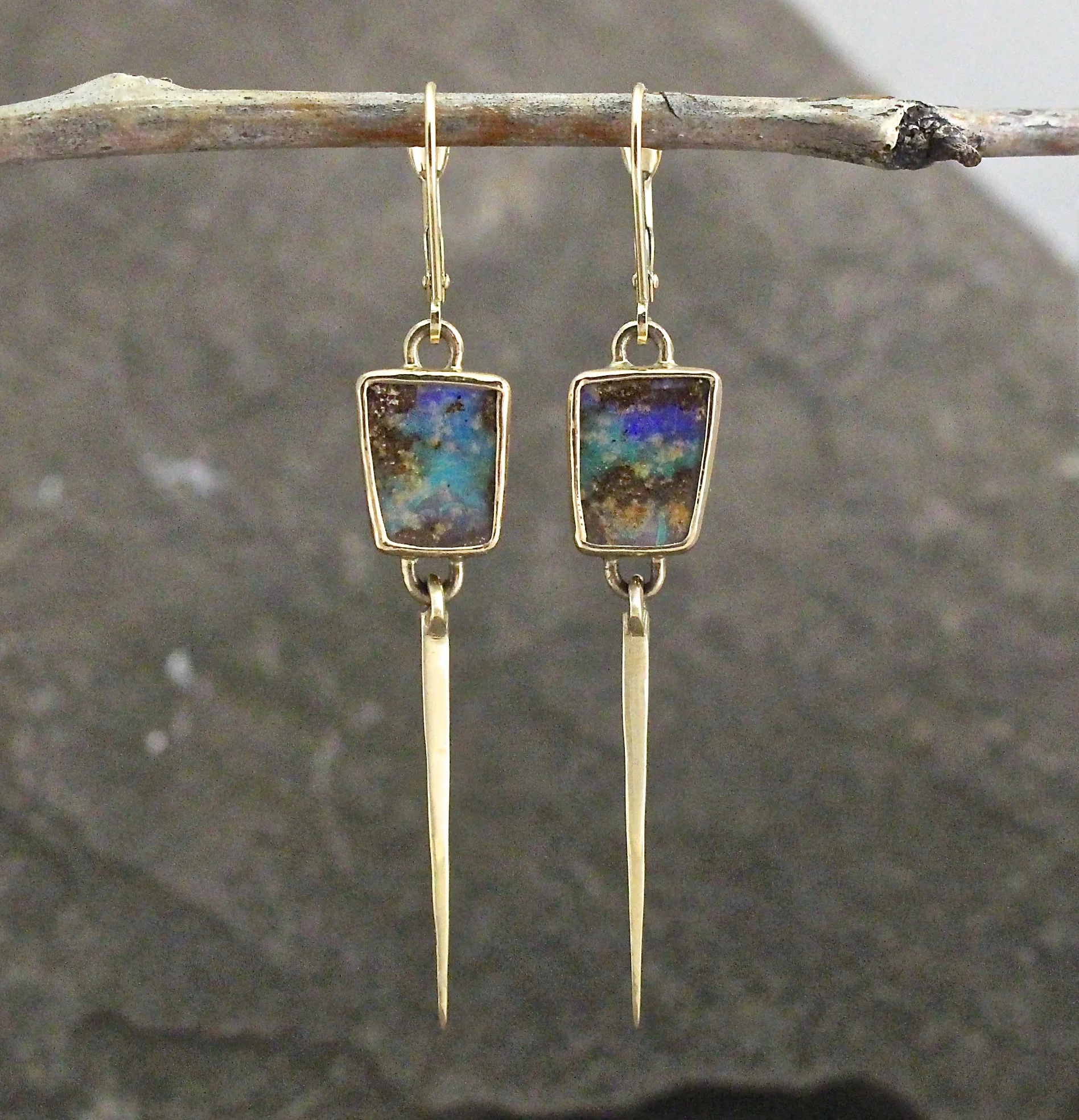 Australian Boulder Opal Spike Earrings in 14k Yellow Gold