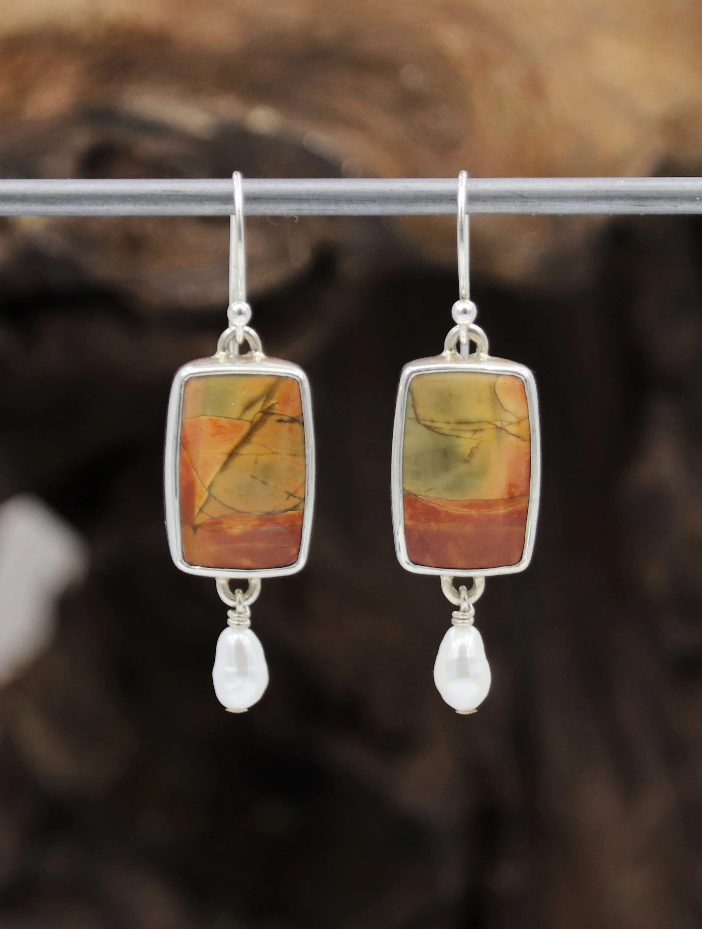 Creek Jasper and Pearl Earrings in Sterling Silver