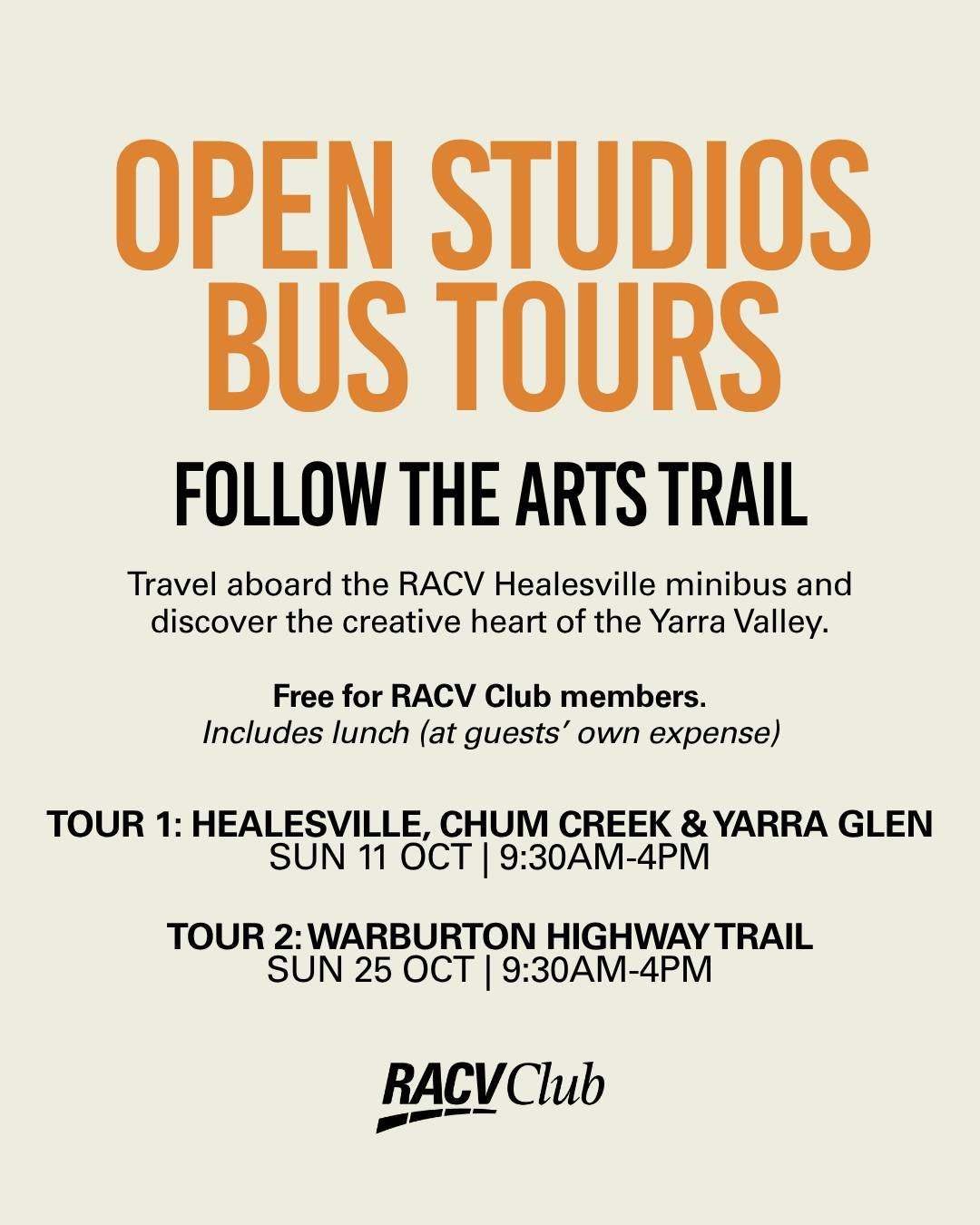 YARRA VALLEY OPEN STUDIOS BUS TOURS 

We are pleased to be partnering with RACV to offer tours exclusively for RACV members.

Two chances to explore the creative heart of the Yarra Valley by minibus, with stops at artist studios showcasing painting, 