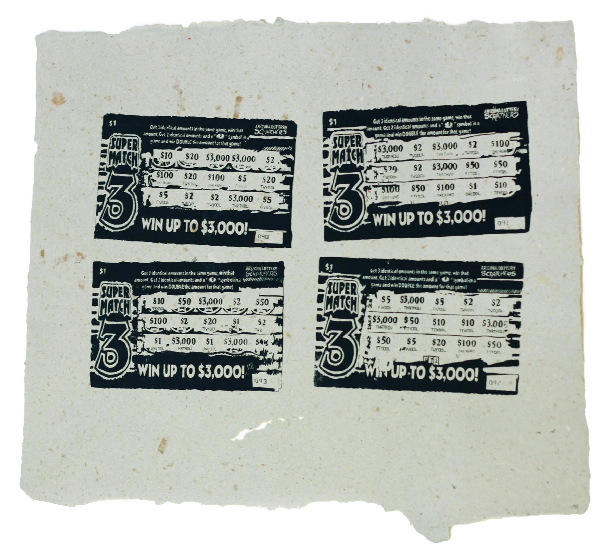 Untitled (Scratchers). Screenprint on handmade paper. 19 x24” 2015