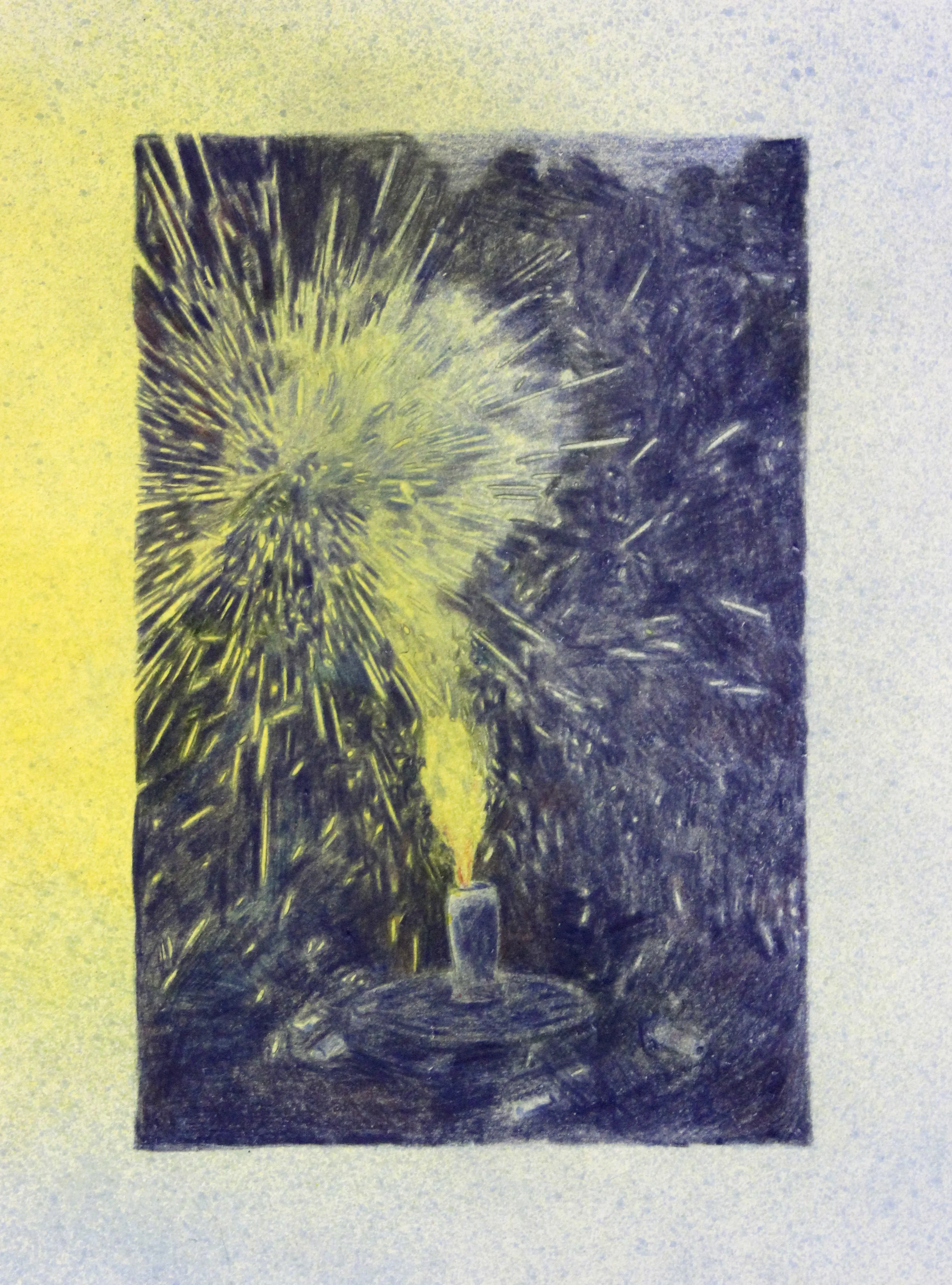  Fireworks study #3. Colored pencil, acrylic. 2019. 14 x 11” 