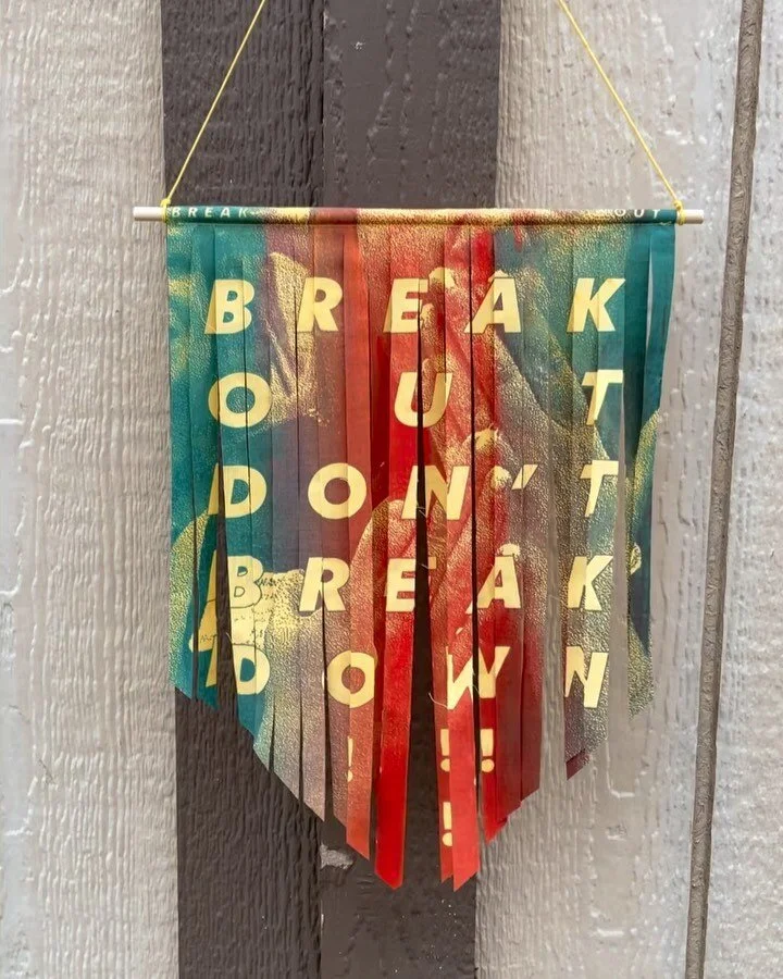 BREAK OUT DON’T BREAK DOWN. screenprint on fabric. 2022. 14 x 11"
The background image shows one person's reaction to the results of the KS constitutional amendment vote on August 2, 2022. Despite the millions of dollars spent to promote