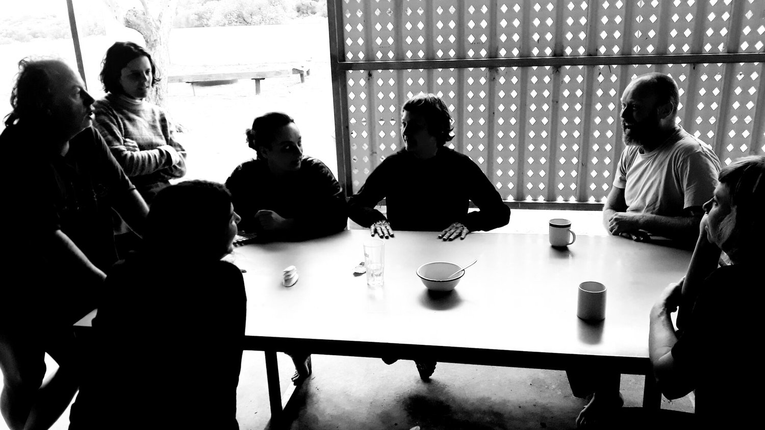 Hot topics on the trip; cuttlefish, art, future collaborations, cuttlefish, whats for dinner, cuttlefish, music and the cosmos. From left; artist David Haines, musician Elisita Punto, curator Lichen Kelp, artist Joyce Hinterding, performance artist Jason Hood, co curator Danni Zuvela and musician Jannah Quill in the foreground.