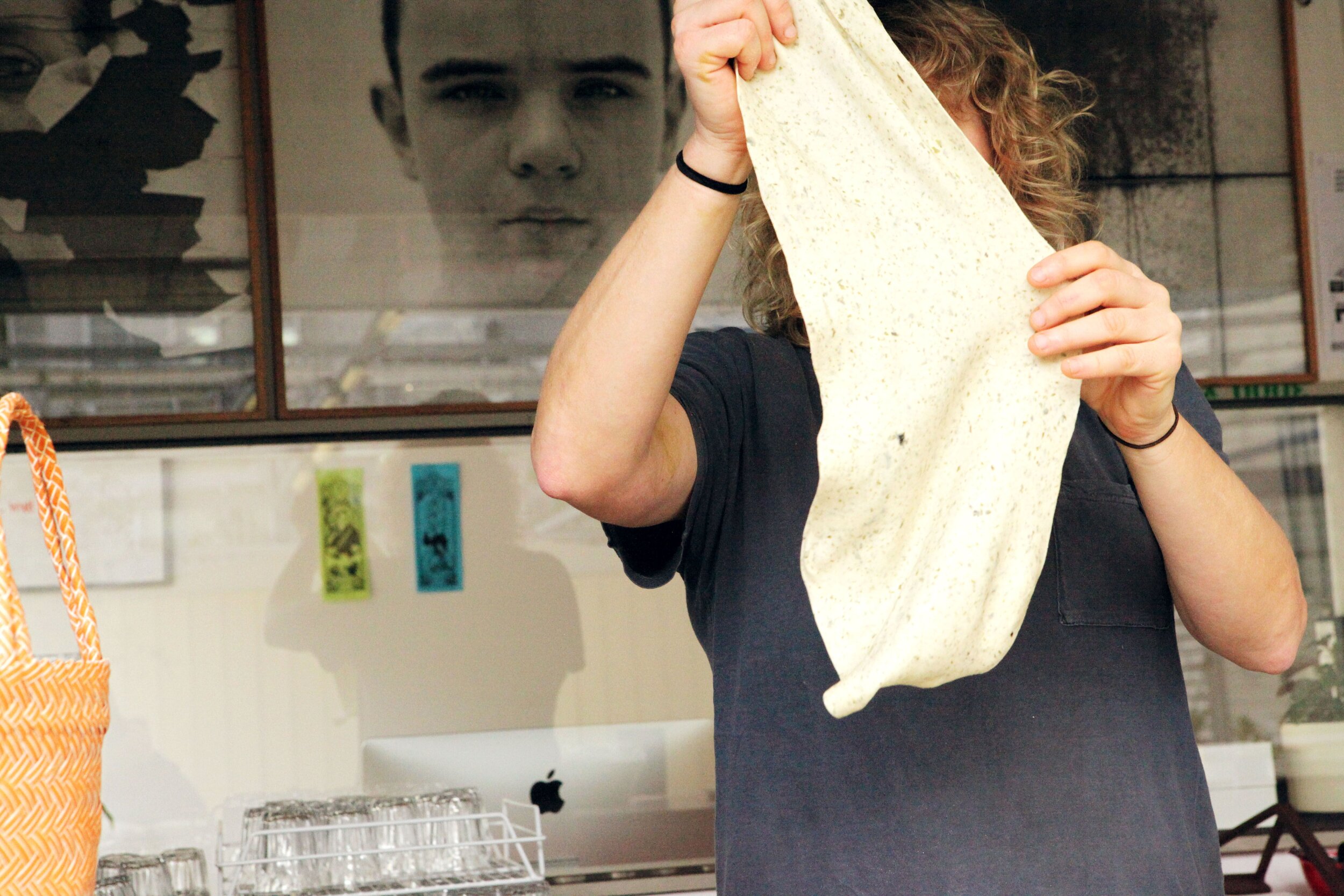 Danni Zuvela preparing the thin gozleme style ocean bread dough for the toasties at the Jaffle Syposium presented by SASi at Testing Grounds. A regular bread recipe calls for the same ratio of salt:water as is found in the ocean; on average the salinity found in the sea is approximately 3.5%, Thus any bread recipe can use ocean water in the mix. Our ocean water was collected from Apollo Bay, Victoria, Australia.