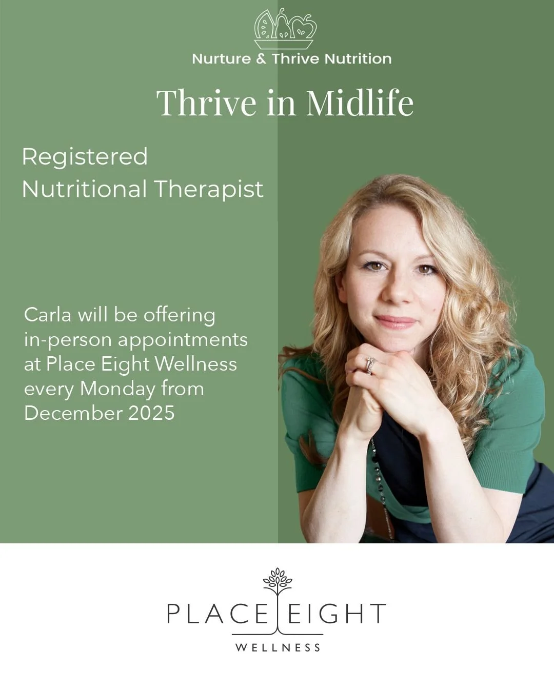 🌱 Exciting news! From December Carla, a registered Nutritional Therapist, will be offering in-person Monday appointments at Place Eight Wellness for 1:1 nutrition and lifestyle consultations. 

❤️ Carla specialises in women&rsquo;s perimenopause and