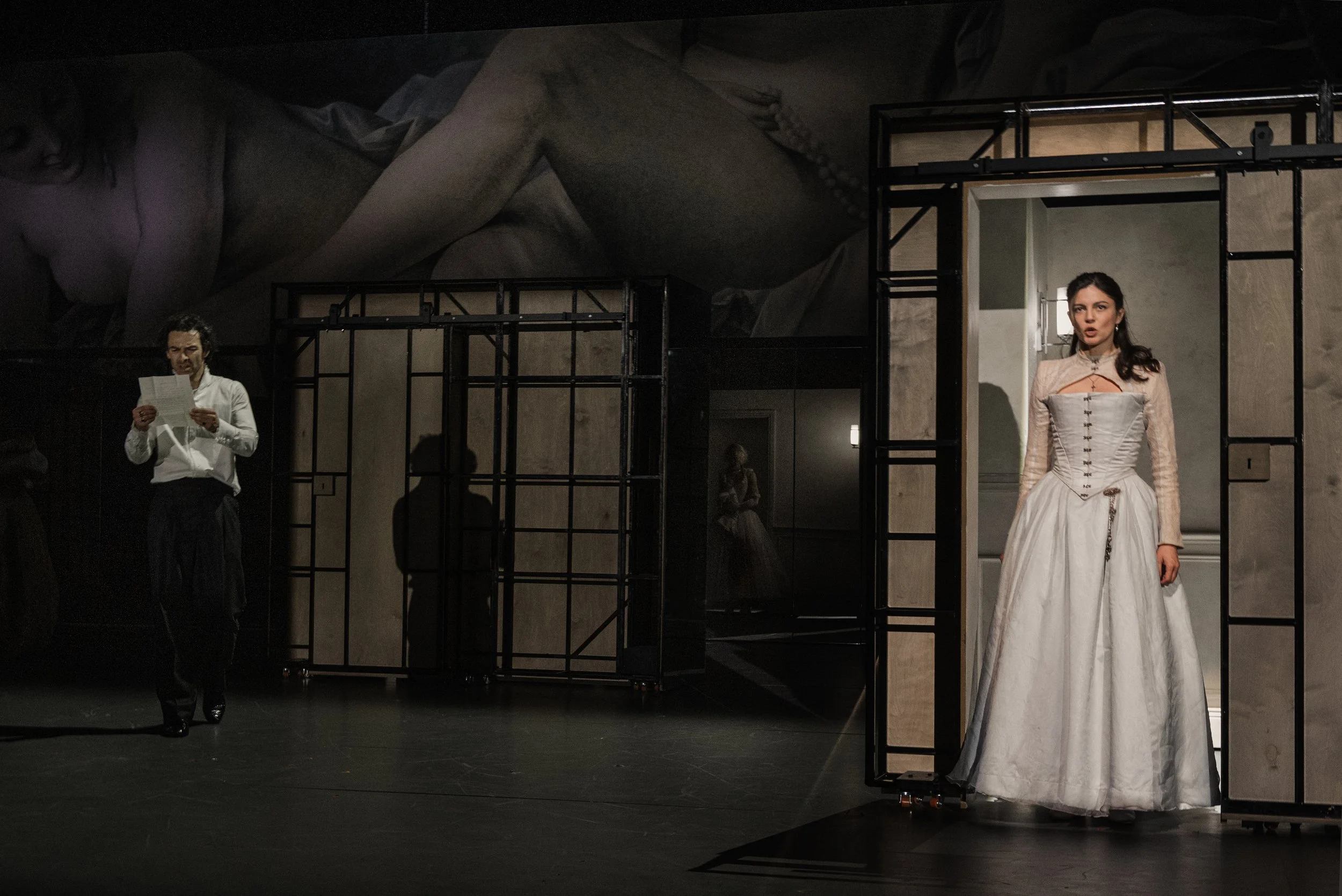 Aidan Turner (Vicomte de Valmont) and Monica Barbaro (Madame de Tourvel) in Les Liaisons Dangereuses at the National Theatre. Photographer Sarah Lee LLD054.jpeg