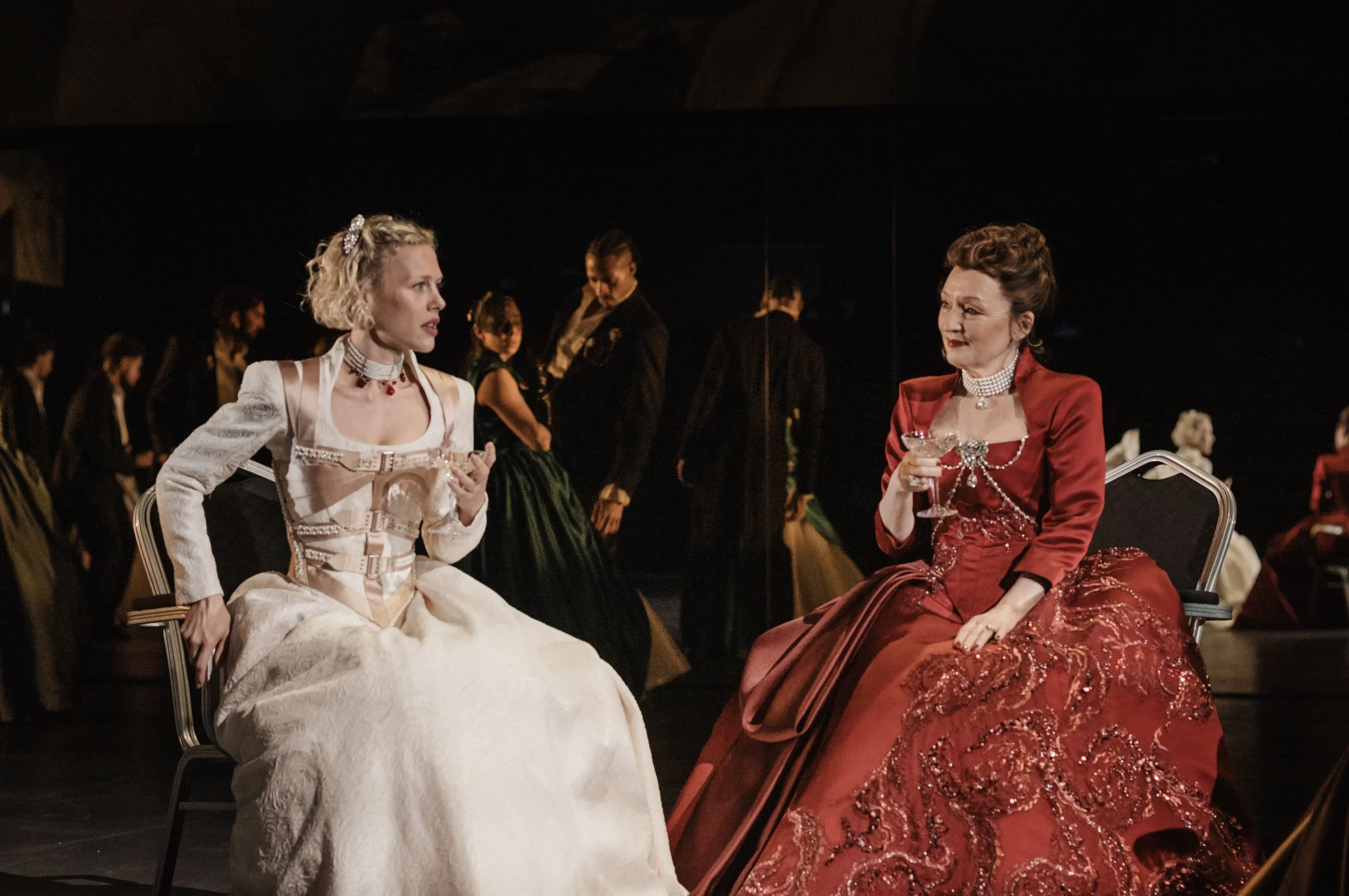 Hannah van der Westhuysen (Cécile de Volanges) and Lesley Manville (Marquise de Merteuil) in Liaisons Dangereuses at the National Theatre. Photographer Sarah Lee LLD069.jpeg