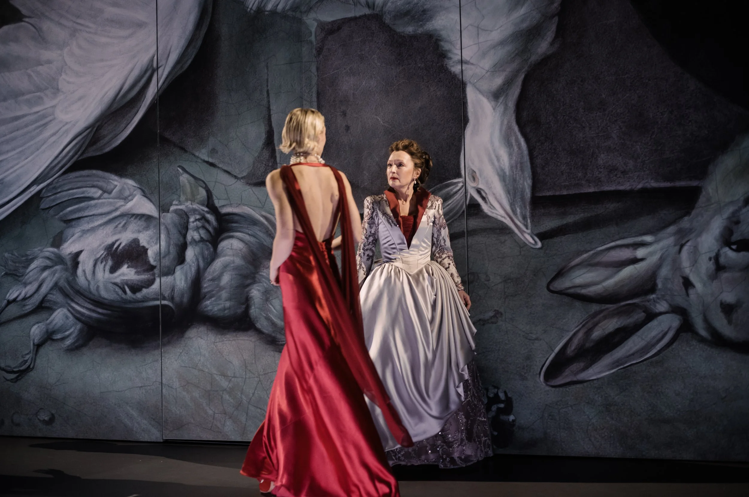 Hannah van der Westhuysen (Cécile de Volanges) and Lesley Manville (Marquise de Merteuil) in Liaisons Dangereuses at the National Theatre. Photographer Sarah Lee LLD081.jpeg