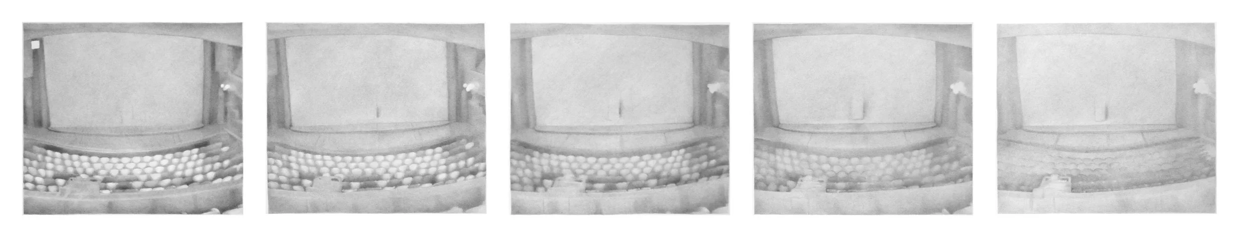 IR-Kamera, Nationaltheateret (00:08:38 - 01:48:30 etter forestilling), 2013. Blyant på papir, serie på fem, hver på 22 cm x 24 cm // Pencil on paper, series of five, each 22 cm x 24 cm