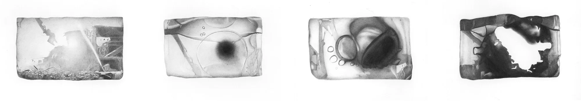 Super 8, 2009. Blyant på papir, fire tegninger, hver på ca 22 cm x 19 cm. // Super 8, 2009. Pencil on paper, four drawings, each about 22 cm x 19 cm