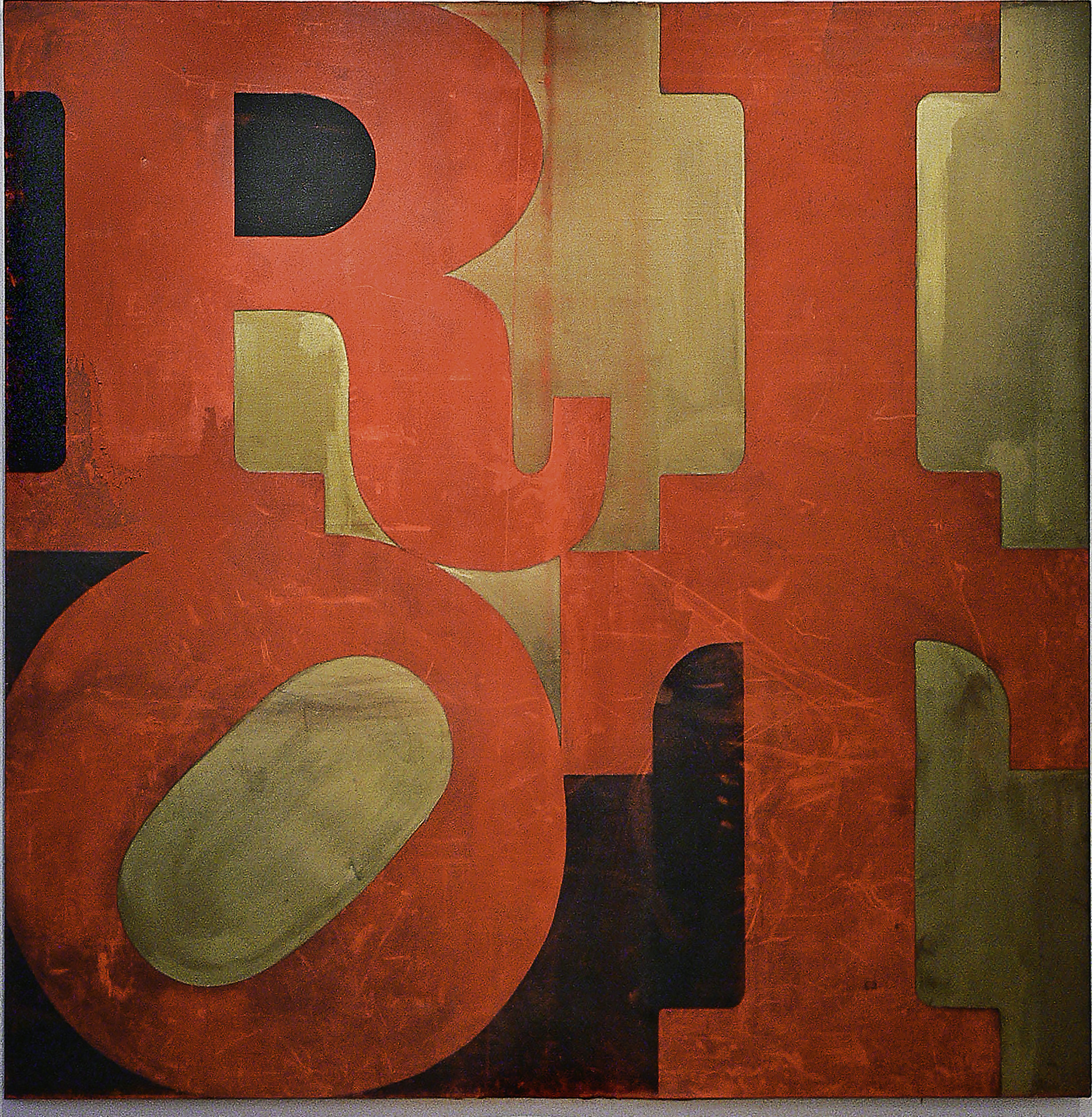 A painting from the AIDS activist group Gran Fury, parodying the famous "LOVE" artworks by artist Robert Indiana. Bold capital letters are arranged in a square, with "RI" at top resting on "OT." The "O" is tilted to the right.