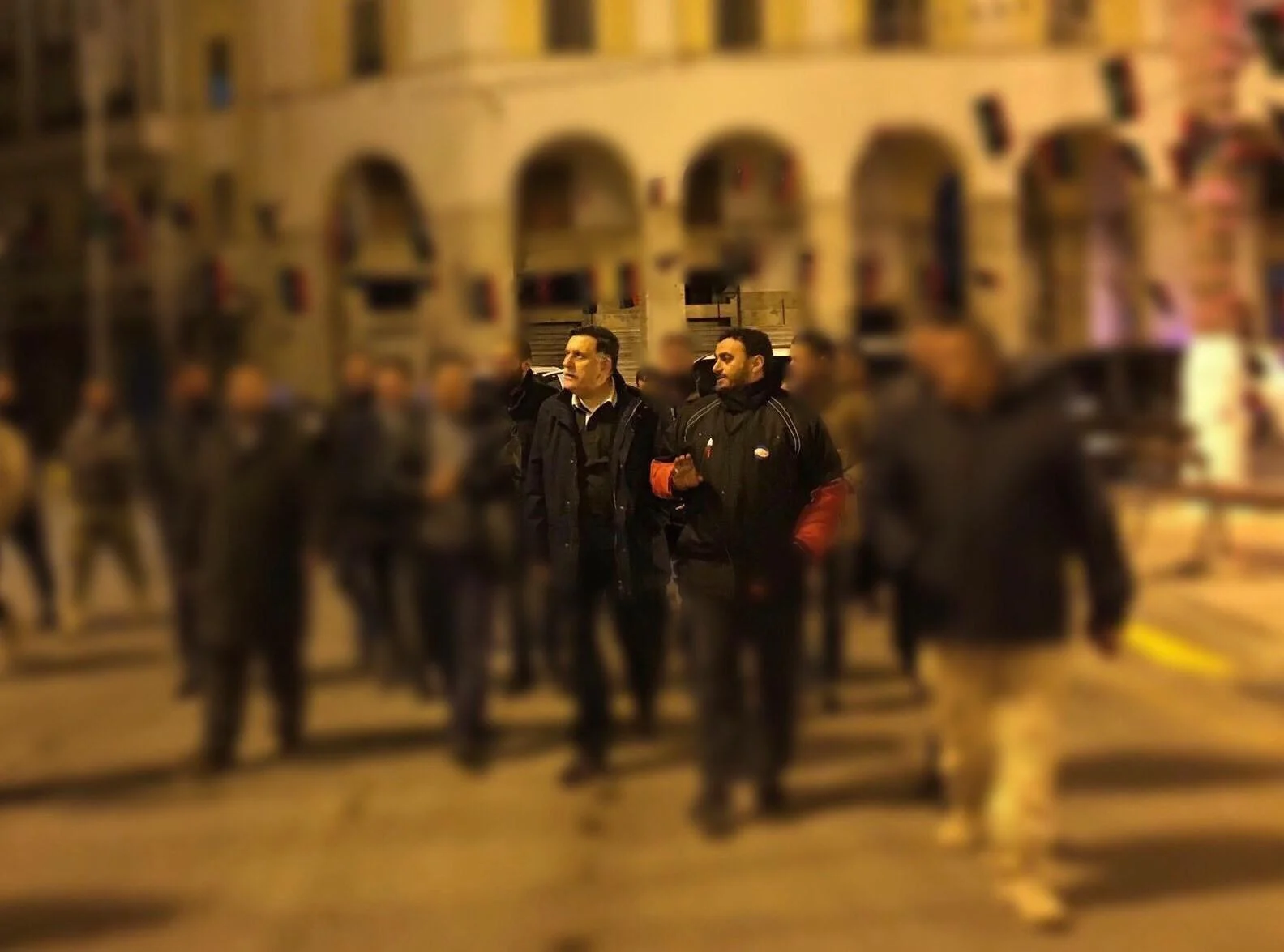 Hashim Bishir, a local fixer dubbed “The Godfather” by the four Tripoli-based militias, and Prime Minister Fayez al-Serraj seen in public together while touring central Tripoli on February 17th, 2017.