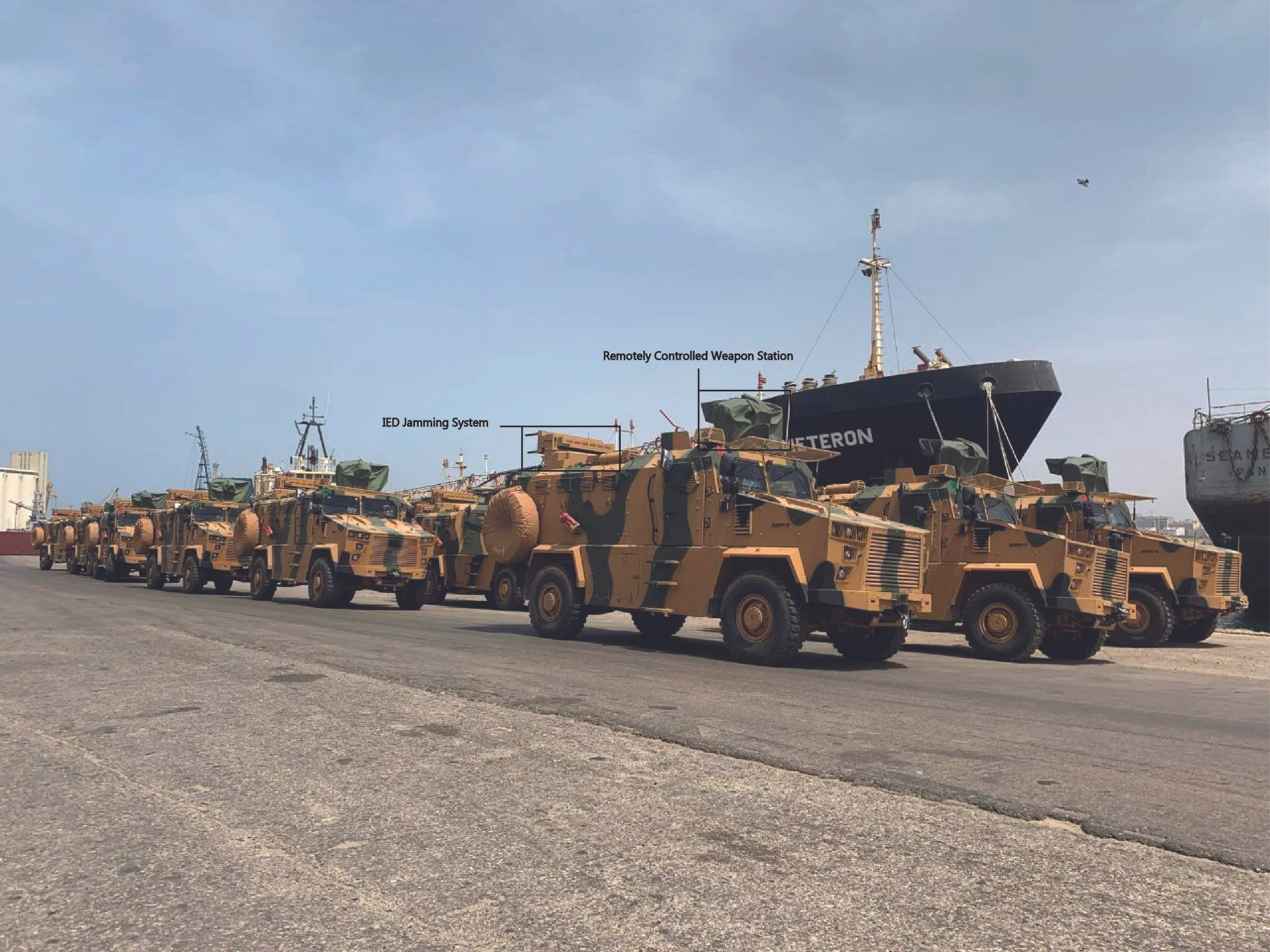 A shipment of Turkish-made BMC Kirpi mine-resistant ambush protected (MRAP) vehicles being unloaded in Tripoli’s main port in May 2019.