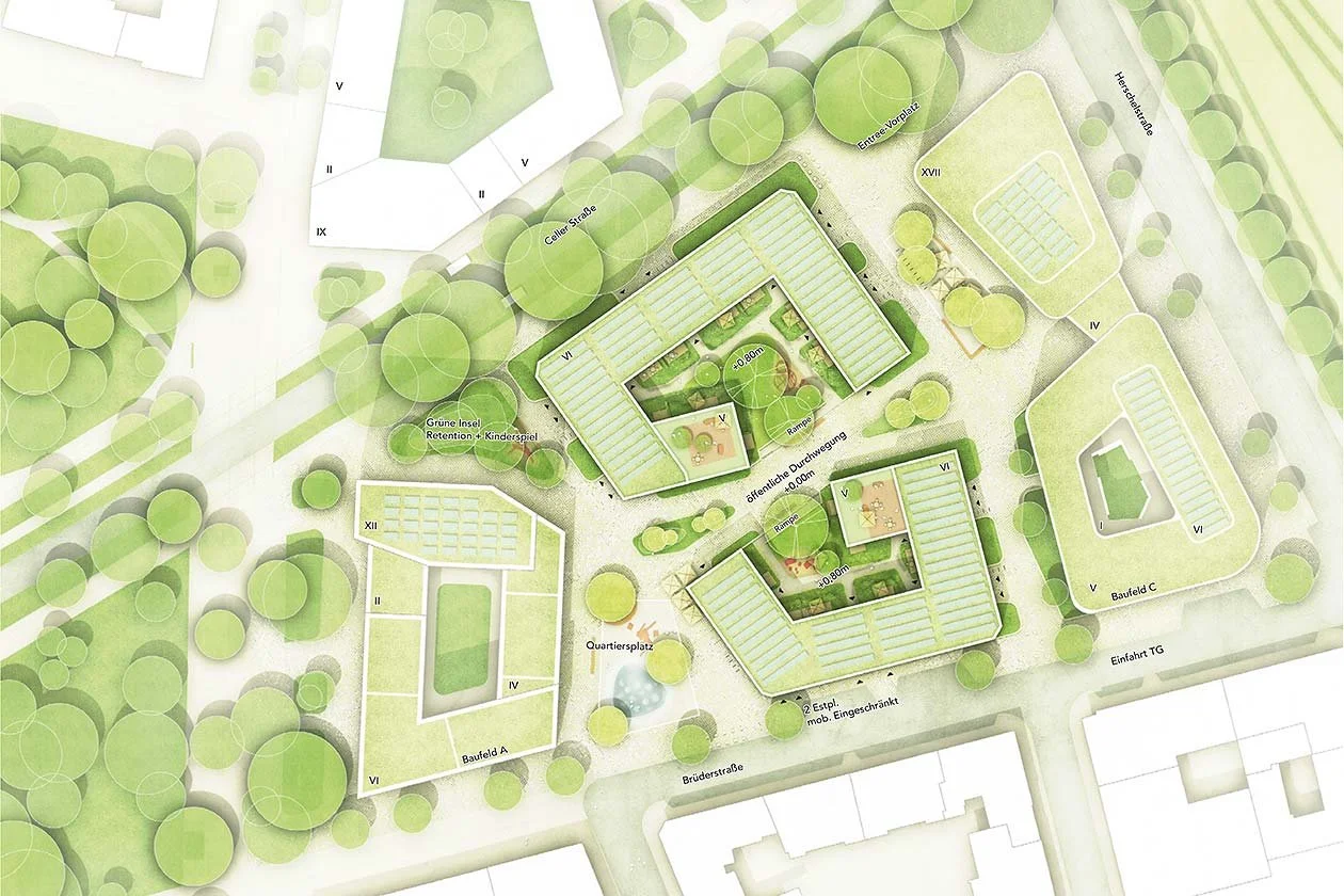 Der Entwurf der Wohngebäude auf Baufeld B besteht sieht zwei ähnliche Baukörper vor, die durch ihre durchgehenden Gebäudefluchten und klammerförmigen Grundflächen und ein Ensemble bilden. Sie ähneln sich durch ihre Form und Fassadenstruktur wie zwei