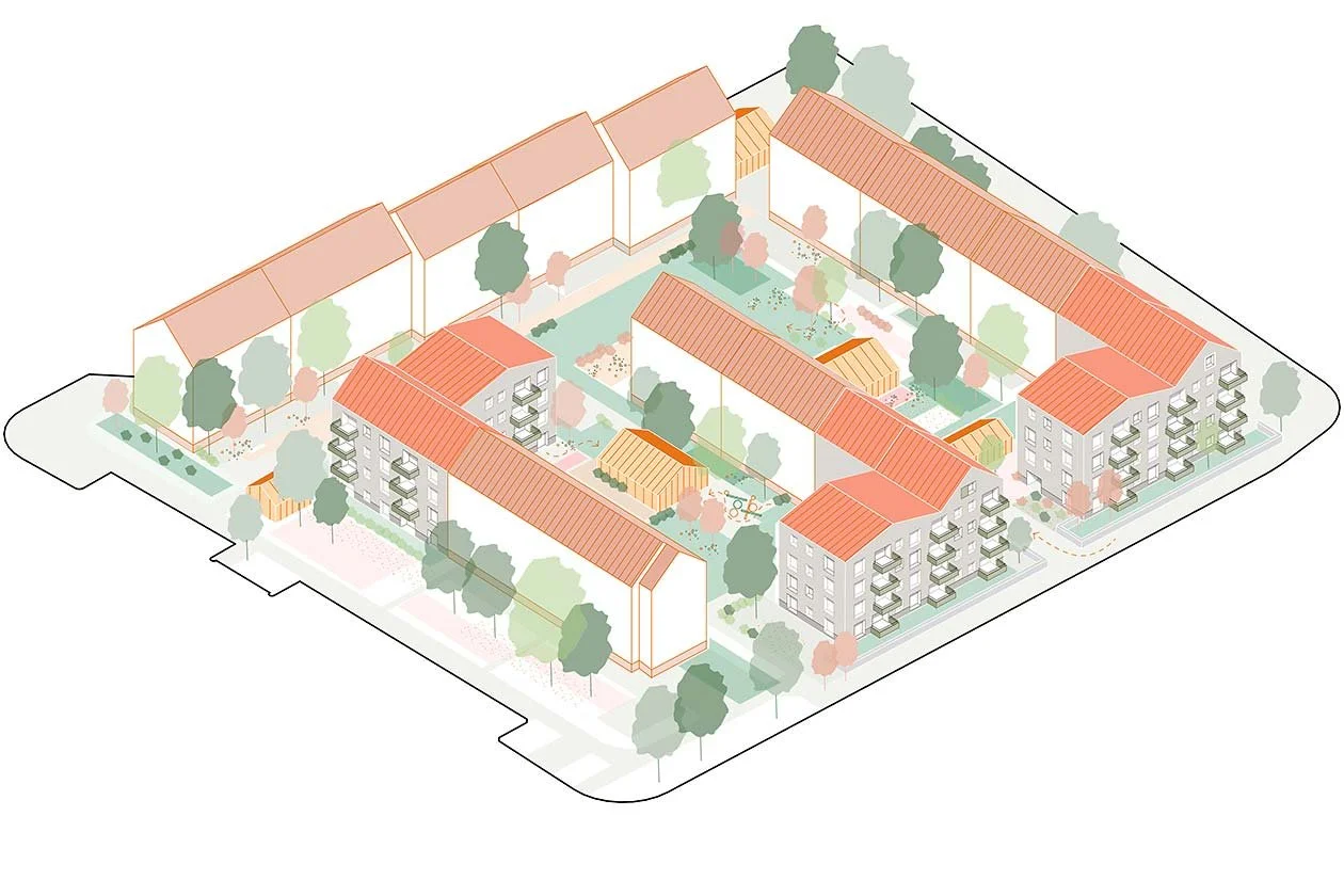 Durch ergänzende, viergeschossige Anbauten entlang der ost-west-orientierten Bestandszeilen wird die Freiraumstruktur des Quartiers präzisiert und klarer zoniert. Es entsteht ein differenziertes Gefüge aus Hofsituationen mit öffentlichen, halböffent