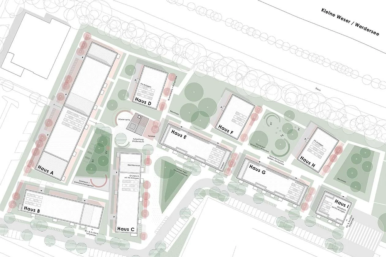  Ein zentraler Fuß- und Radweg bildet das Rückgrat des Quartiers und verbindet die Gebäude miteinander. 