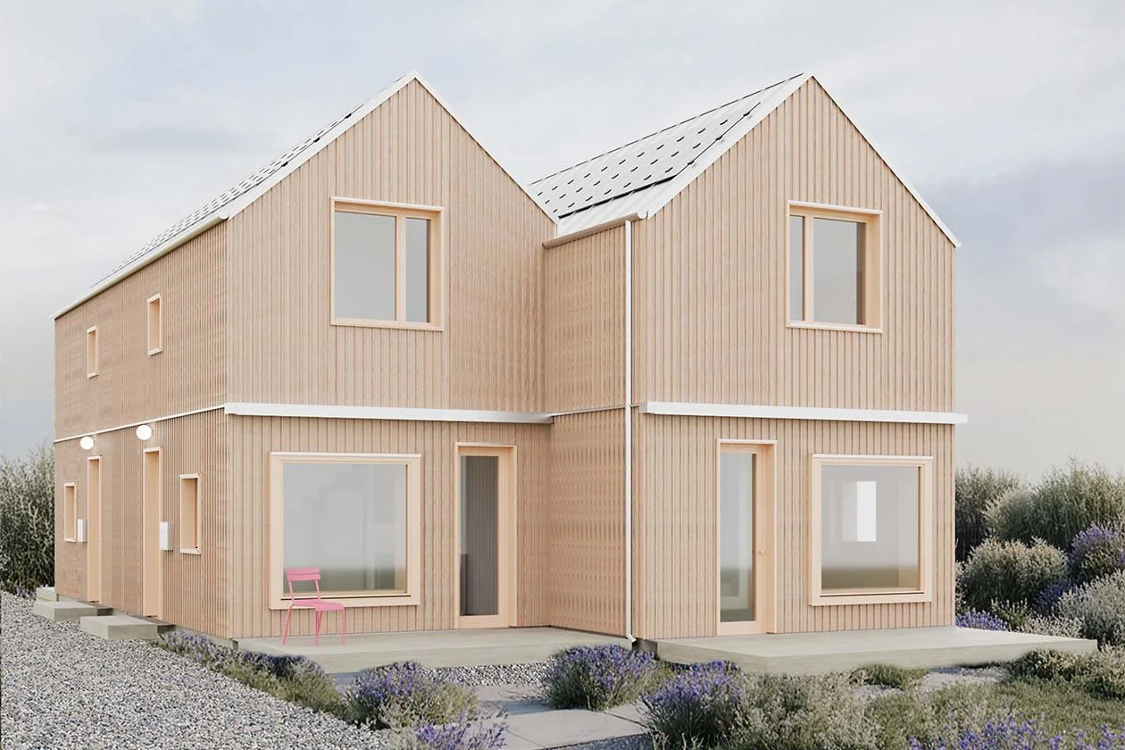  Die Wohngebäude werden in Holzbauweise aus vorgefertigten Elementen errichtet. Unterschiedliche Wohnungstypologien schaffen ein vielfältiges Wohnungsangebot und verbinden eine kompakte Gebäudestruktur mit hoher Wohnqualität. 