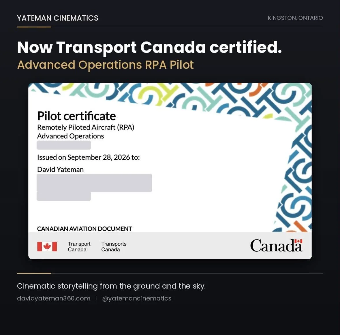David Yateman's Transport Canada Advanced Operations drone pilot certificate, Yateman Cinematics, Kingston, Ontario