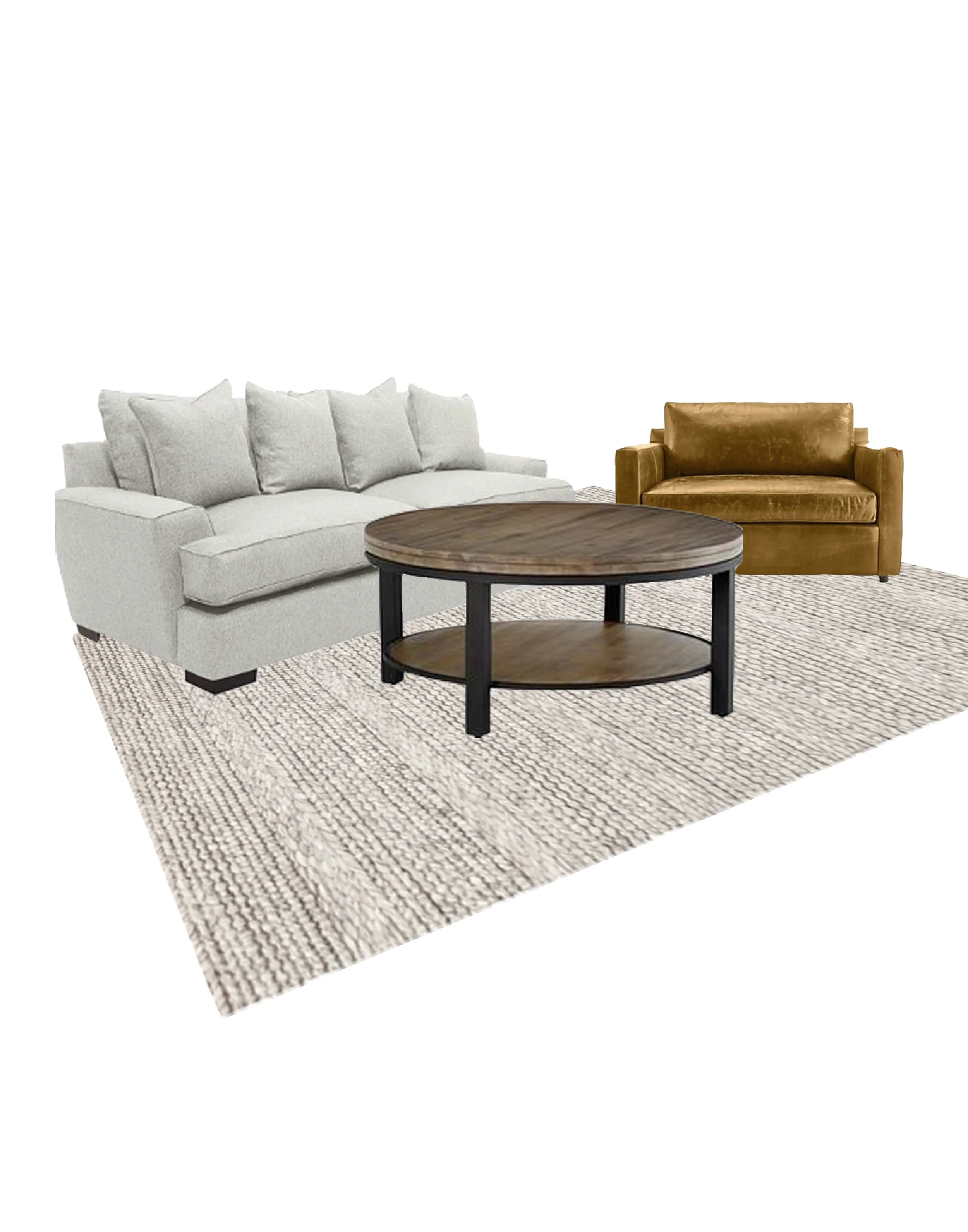 Couch, chair, coffee table and rug.