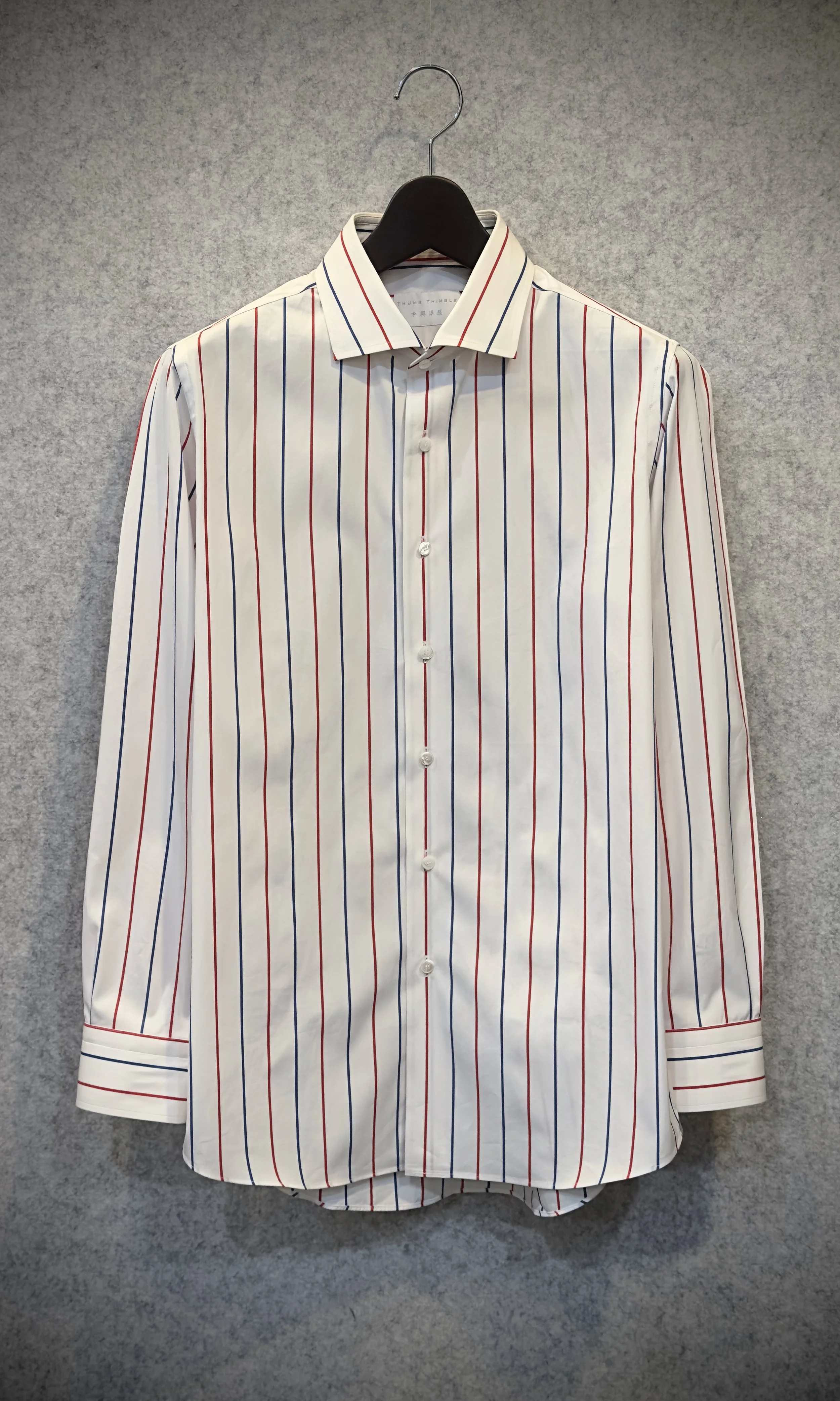 Spread-Collar Blue and Red Striped Cotton-Poplin Shirt (Size Medium)