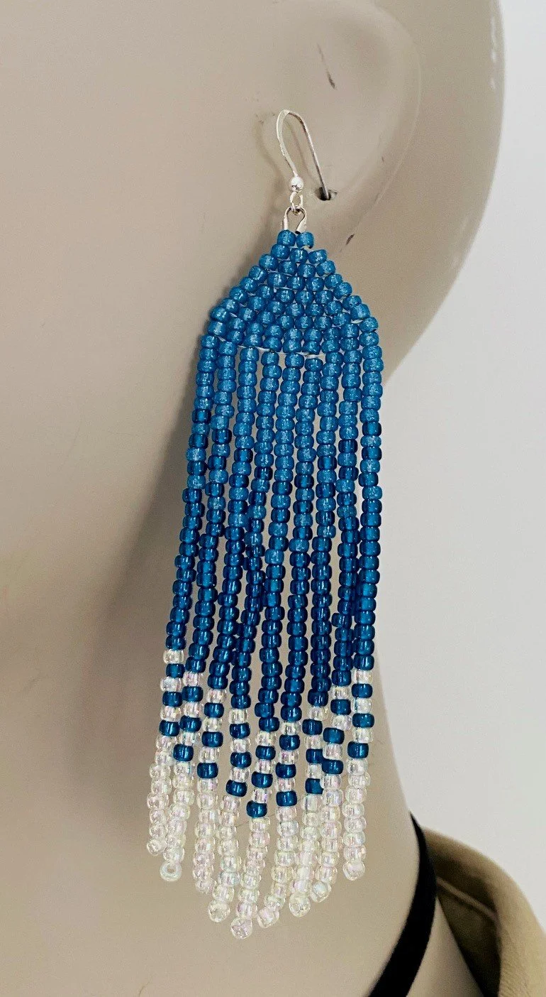 Long blue fringe earrings