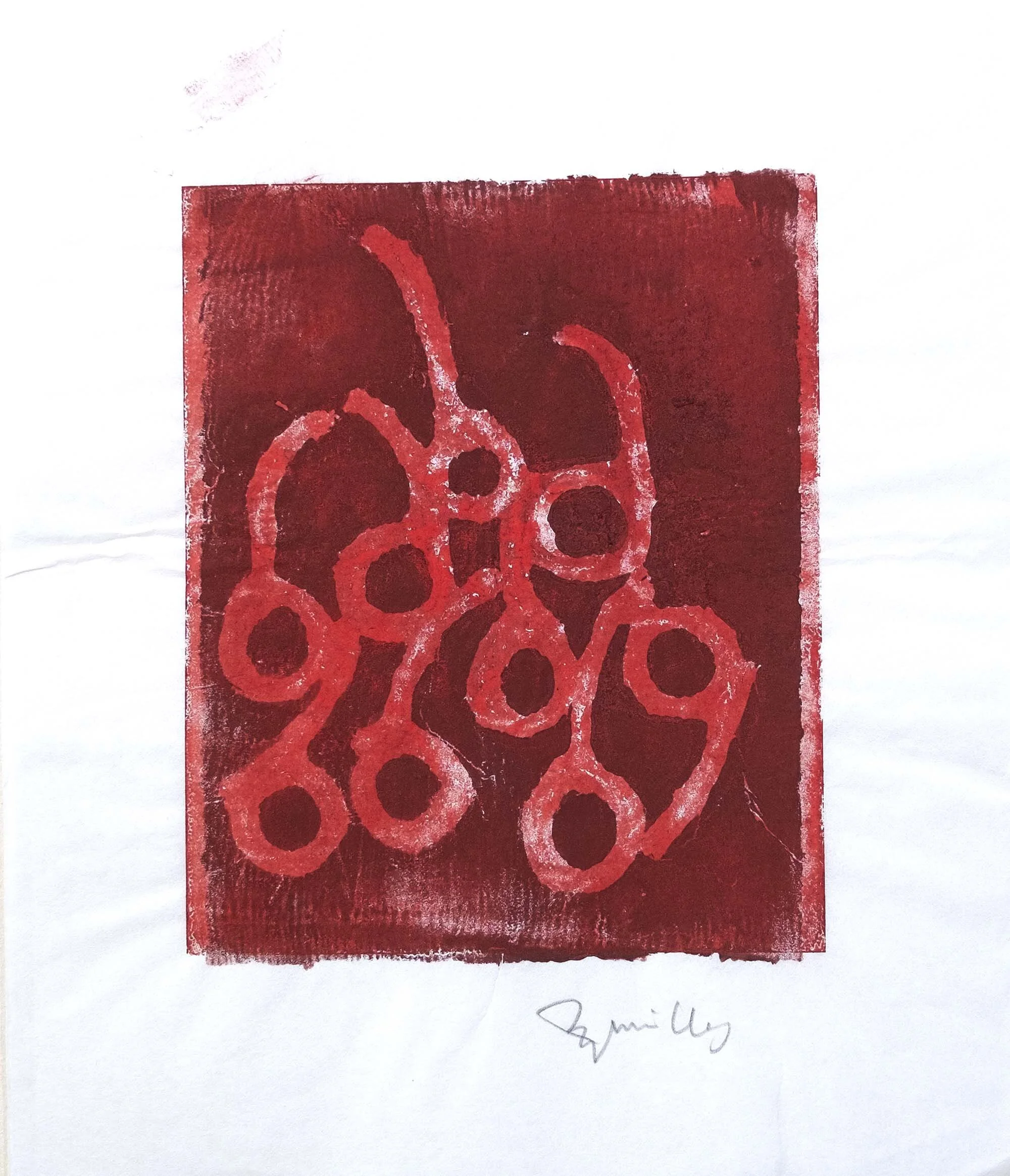   #8      B. C. Cherries No.4    [PT]  27x23 cm. (Mancha 17x15 cm.) Monotipia. Tinta de gravura sobre papel japonês.  Assinado e datado 2009.  [EN] 27x23 cm. (Plate 17x15 cm.) Monotype. Block ink on Japanese paper.  Signed and dated 2009.   Sold  