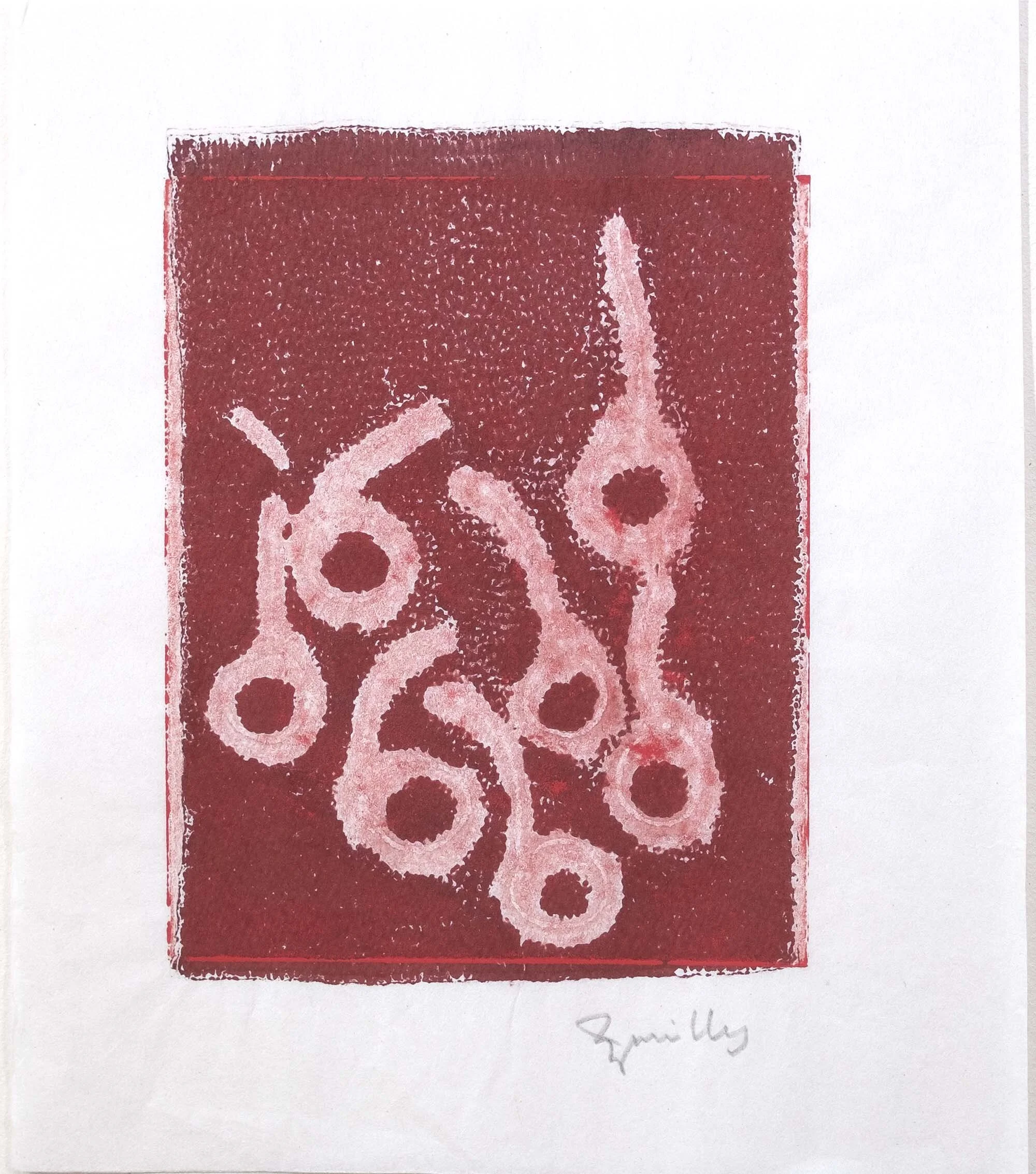   #11    B. C. Cherries No.7    [PT] 27x23 cm. (Mancha 17x15 cm.) Monotipia. Tinta de gravura sobre papel japonês.  Assinado e datado 2009.  [EN] 27x23 cm. (Plate 17x15 cm.) Monotype. Block ink on Japanese paper.  Signed and dated 2009.   Not sold  