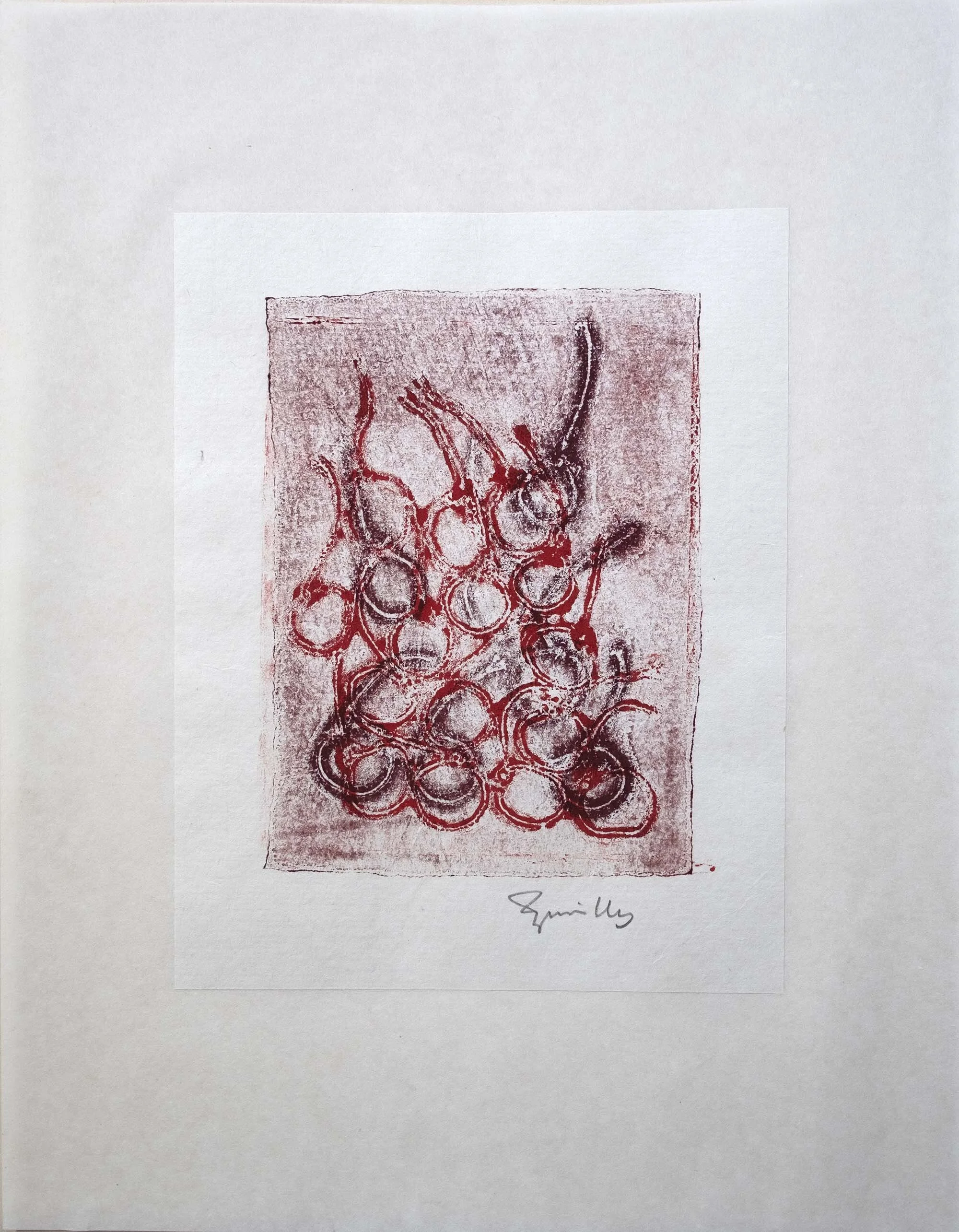   #15    B. C. Cherries No.11    [PT] 40x32 cm. (Mancha 17x15 cm.) Monotipia. Tinta de gravura sobre papel japonês montado em papel japonês. Assinado e datado 2009.  [EN] 40x32 cm. (Plate 17x15 cm.) Monotype. Block ink on Japanese paper mounted on Ja