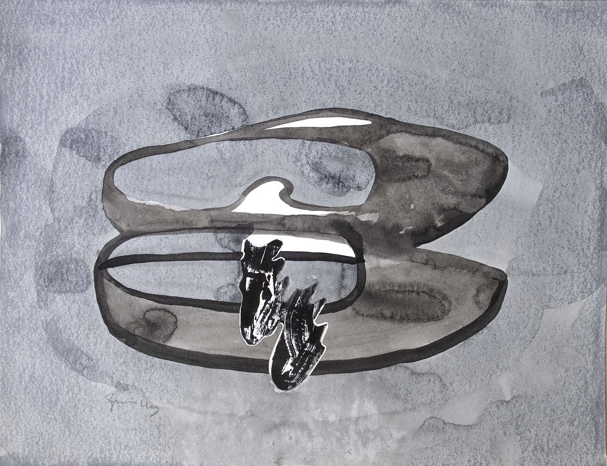   #19    Shoes deconstruction No.1    [PT] 28,5x45cm.  Monotipia e colagem sobre papel.  Assinado e datado 2012.  [EN]  28,5x45cm.  Monotype and collage on paper.  Signed and dated 2012.   Not sold    