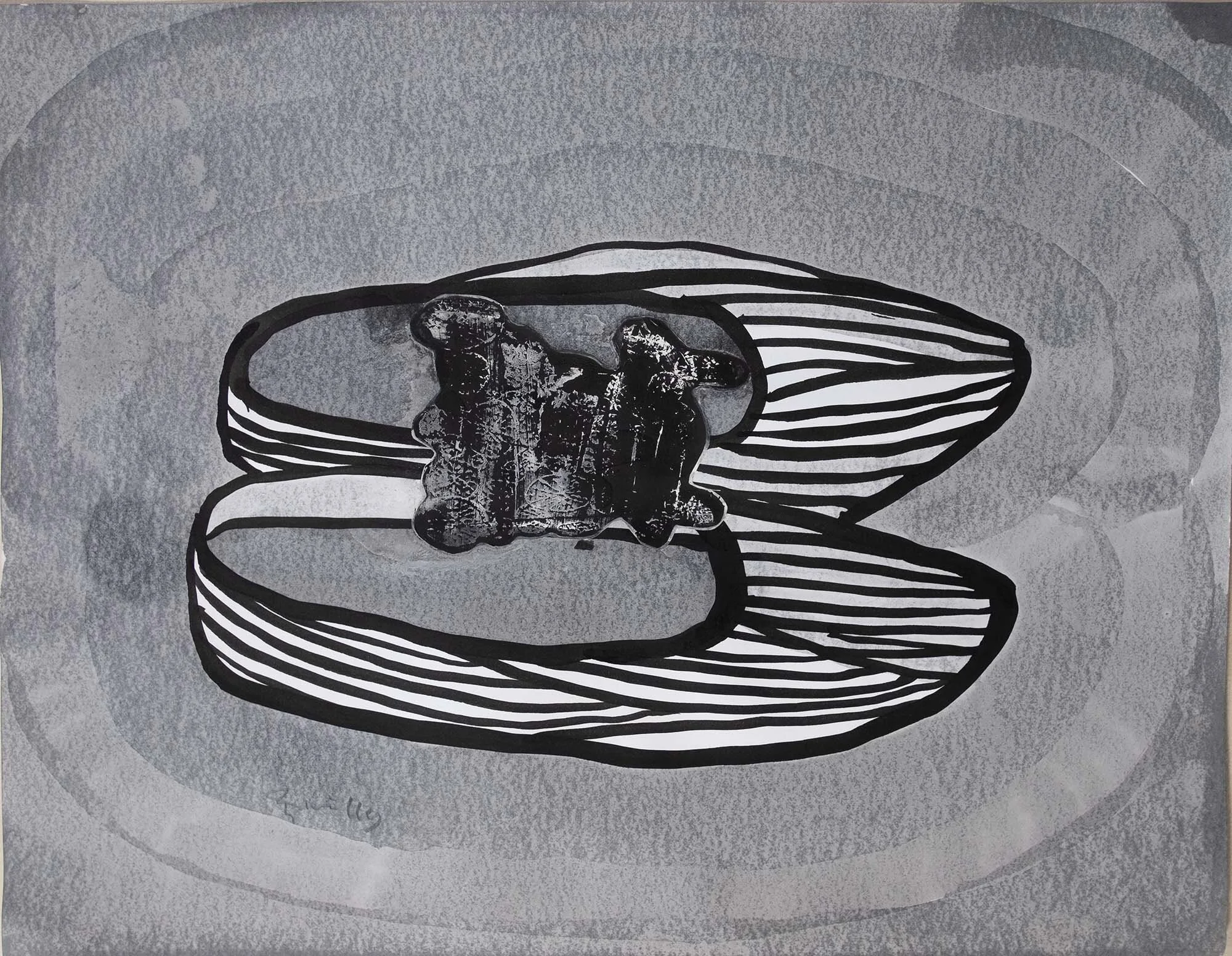   #20    Shoes deconstruction No.2    [PT] 31,5x40,5 cm. Tinta da china e colagem sobre papel.  Assinado e datado 2017.  [EN]  31,5x40,5 cm.  Indian ink and collage on paper.  Signed and dated 2017.   Not sold  