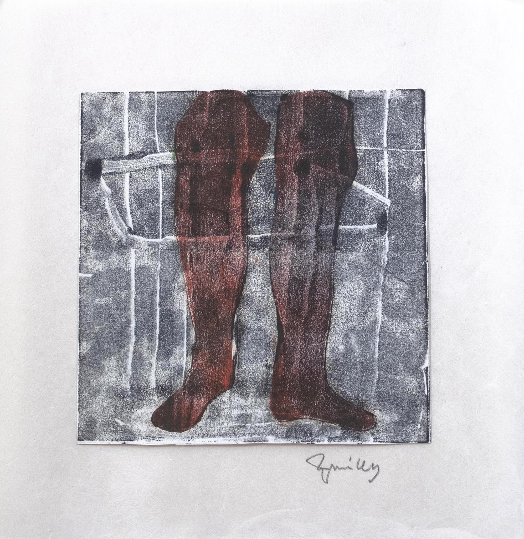   1#  Sky Legs    [PT] 23x23cm. (Mancha 15x15 cm).  Monotipia. Tinta de gravura sobre papel japonês.  Assinado e datado 2009.  [EN] 23x23cm. (Plate 15x15 cm).  Monotype. Block ink on Japanese paper.  Signed and dated 2009.   Not sold    