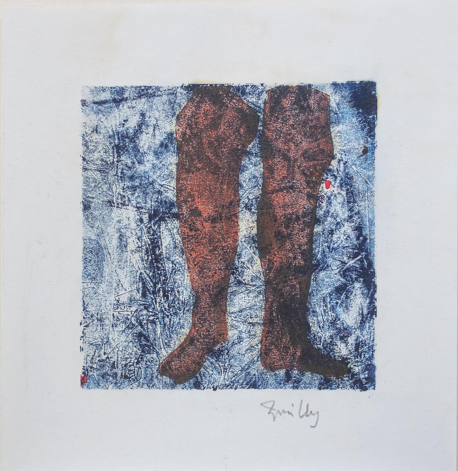   2#  Legs in blue    [PT] 23x23 cm. (Mancha 15x15 cm.) Monotipia. Tinta de gravura sobre papel japonês.  Assinado e datado 2009.  [EN]  23x23cm (plate 15x15 cm).  Monotype. Block ink on Japanese paper.  Signed and dated 2009.   Not sold      