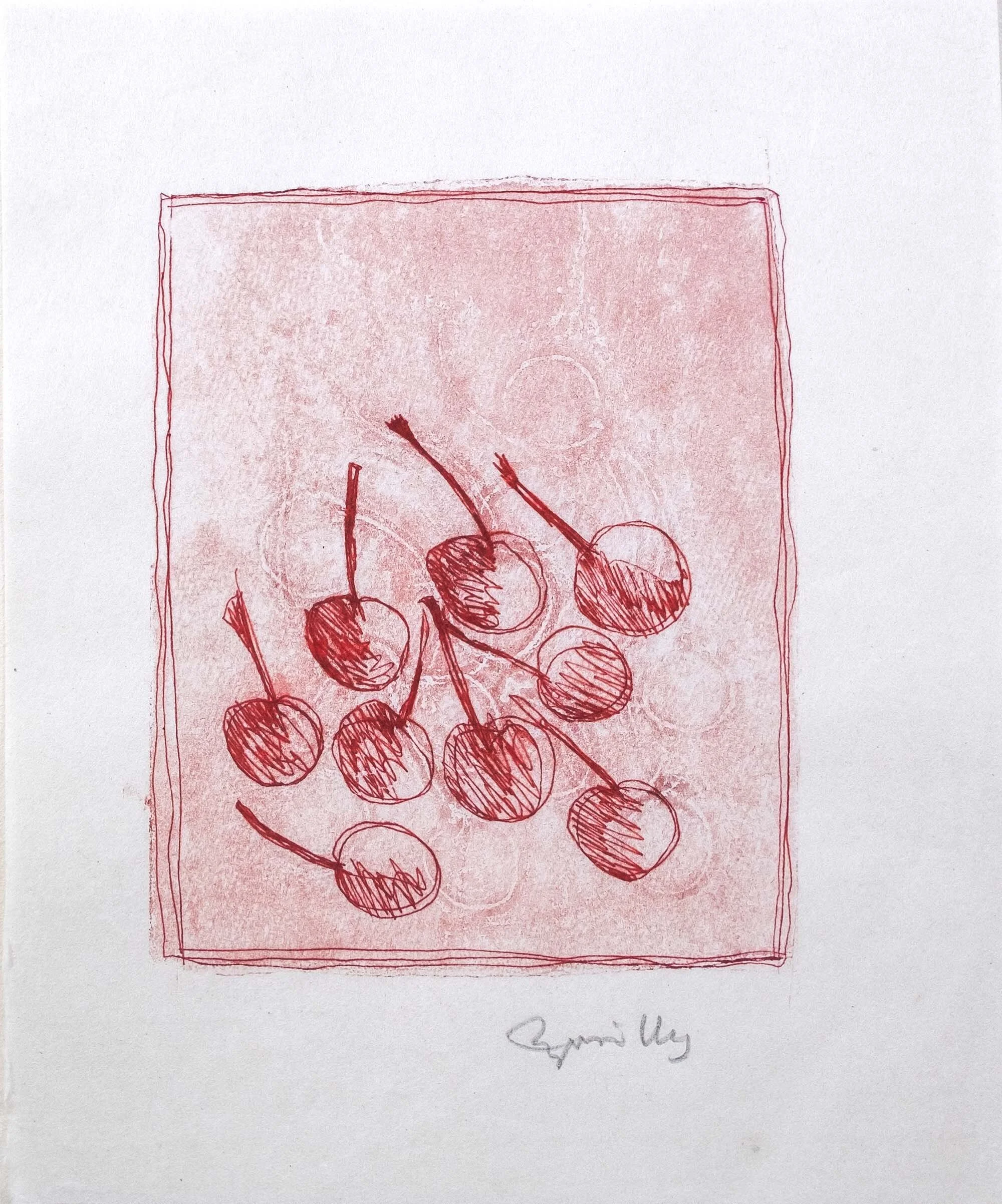   #5    B. C. Cherries No.1    [PT]  27x23 cm. (Mancha 17x15 cm.) Monotipia. Tinta de gravura sobre papel japonês. Assinado e datado 2009.  [EN]  27x23 cm. (Plate 17x15 cm.) Monotype. Block ink on Japanese paper.  Signed and dated 2009.   Sold  
