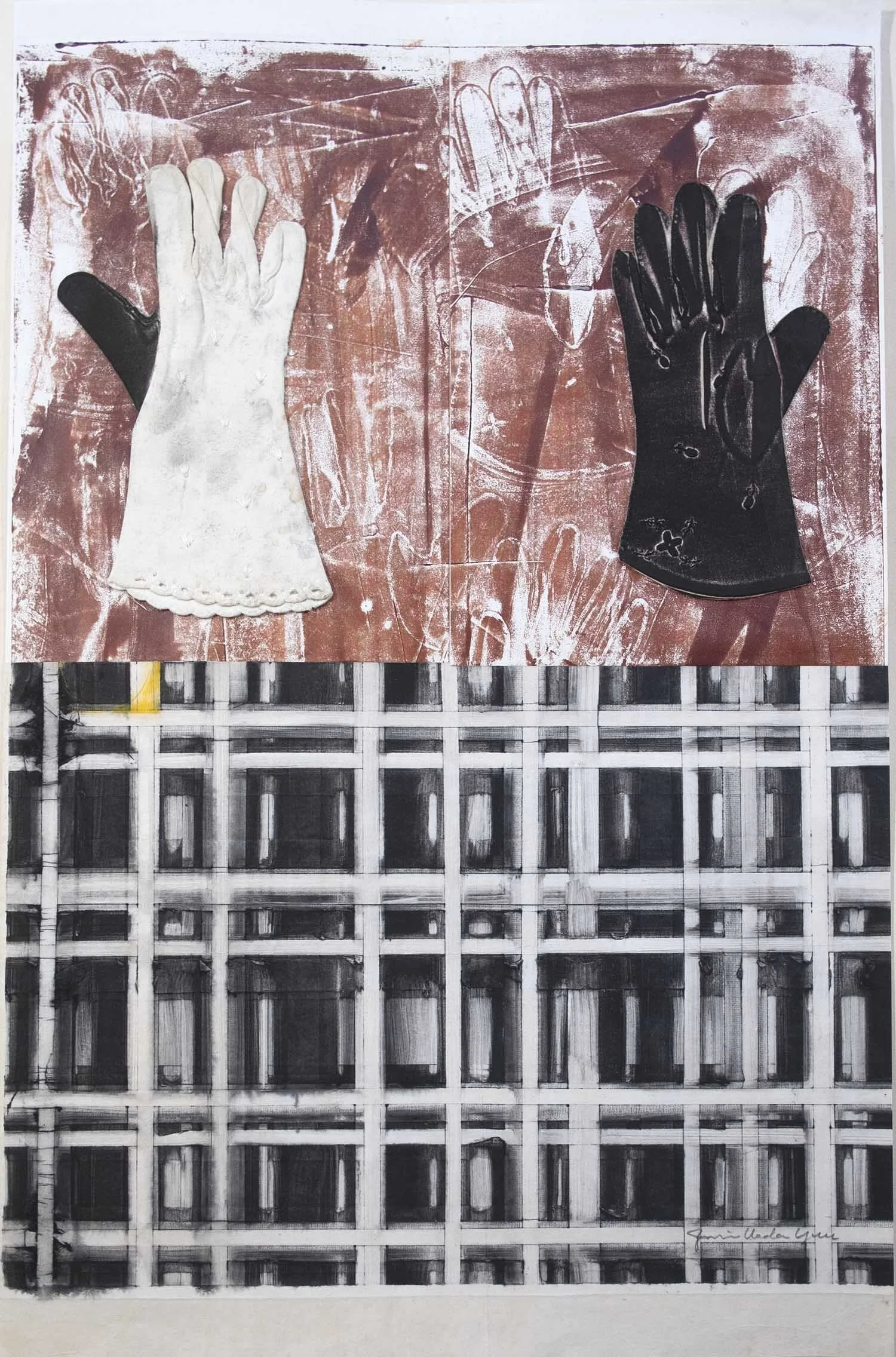   #38  Helping Hands    [PT] 70,5x50x0,5cm.  Colagem, monotipia e objeto encontrado sobre papel.  Assinado e datado 2011.  [EN]  70,5x50x0,5cm.  Collage, monotype and found object on paper.  Signed and dated 2011.   Sold  