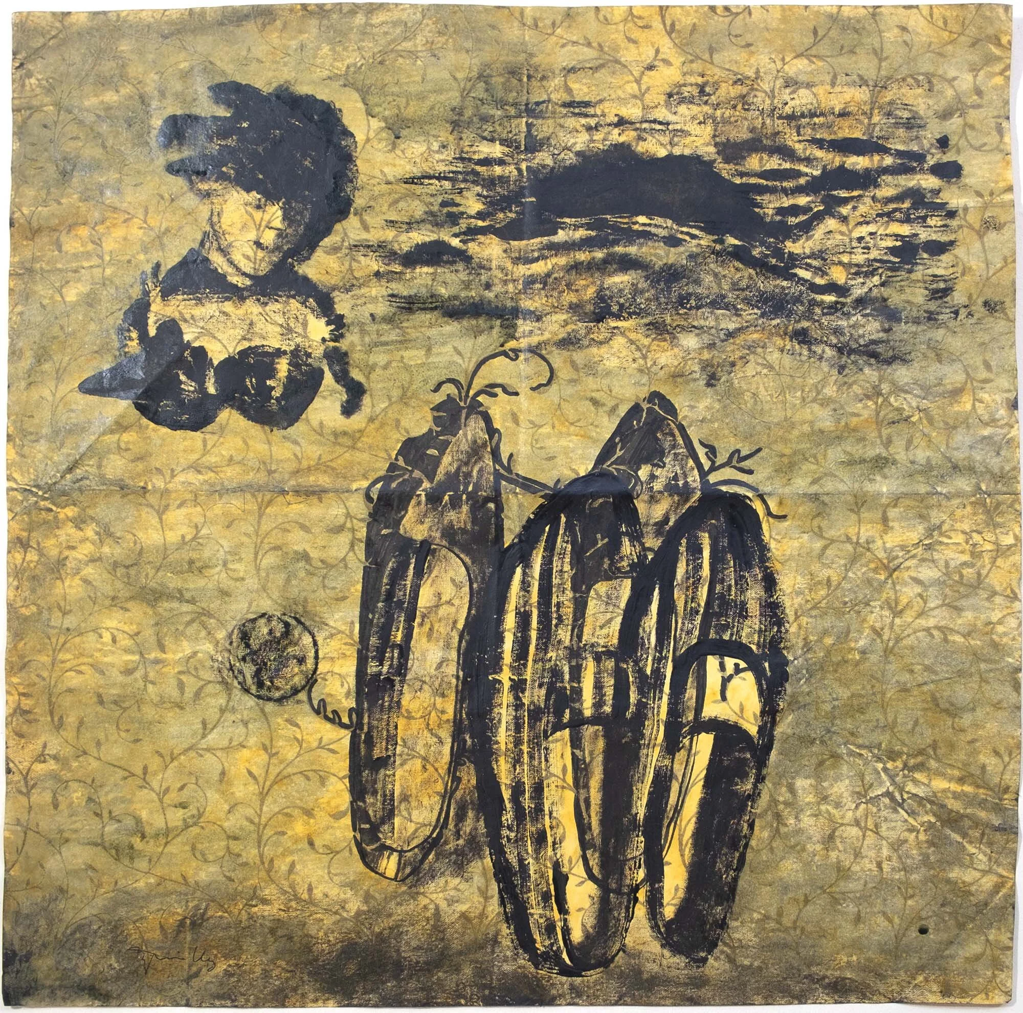   #33  In a Yellow Landscape    [PT]  55x56,5cm.  Tinta sobre papel craft indiano.  Assinado e datado 2015.  [EN]  55x56,5cm.  Painting on Indian Craft paper.  Signed and dated 2015.   Sold  