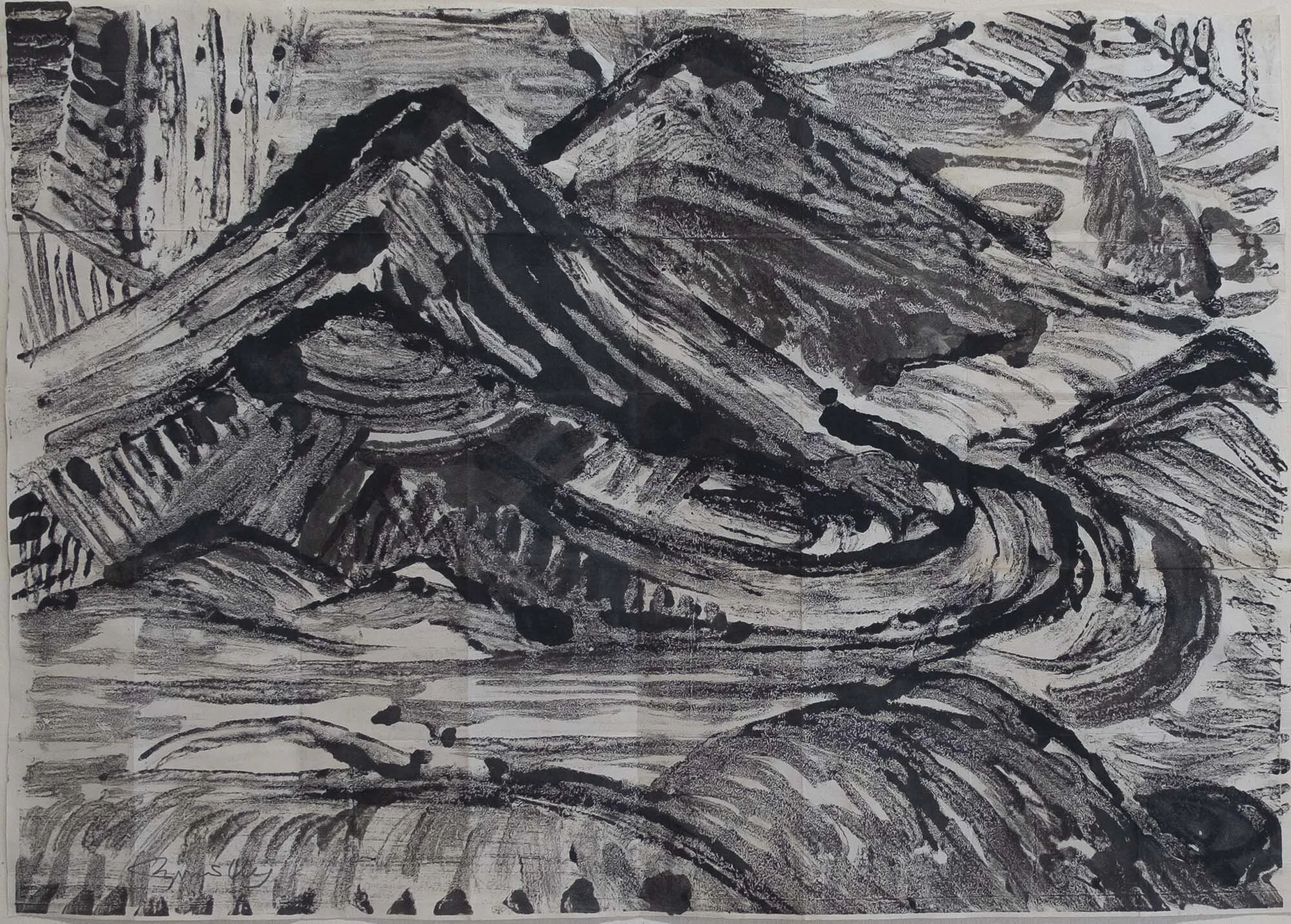   #32  A Mountain Fold-Up    [PT]  29,5x41,5cm.  Monotipia sobre papel japonês Kozo.  Assinado e datado 2015.  [EN]  29,5x41,5cm.  Monotype on Japanese Kozo paper.  Signed and dated 2015.   Sold  